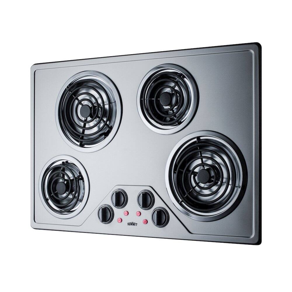 Angle. SUMMIT - 30" Wide 230V 4-Burner Coil Cooktop - Silver.