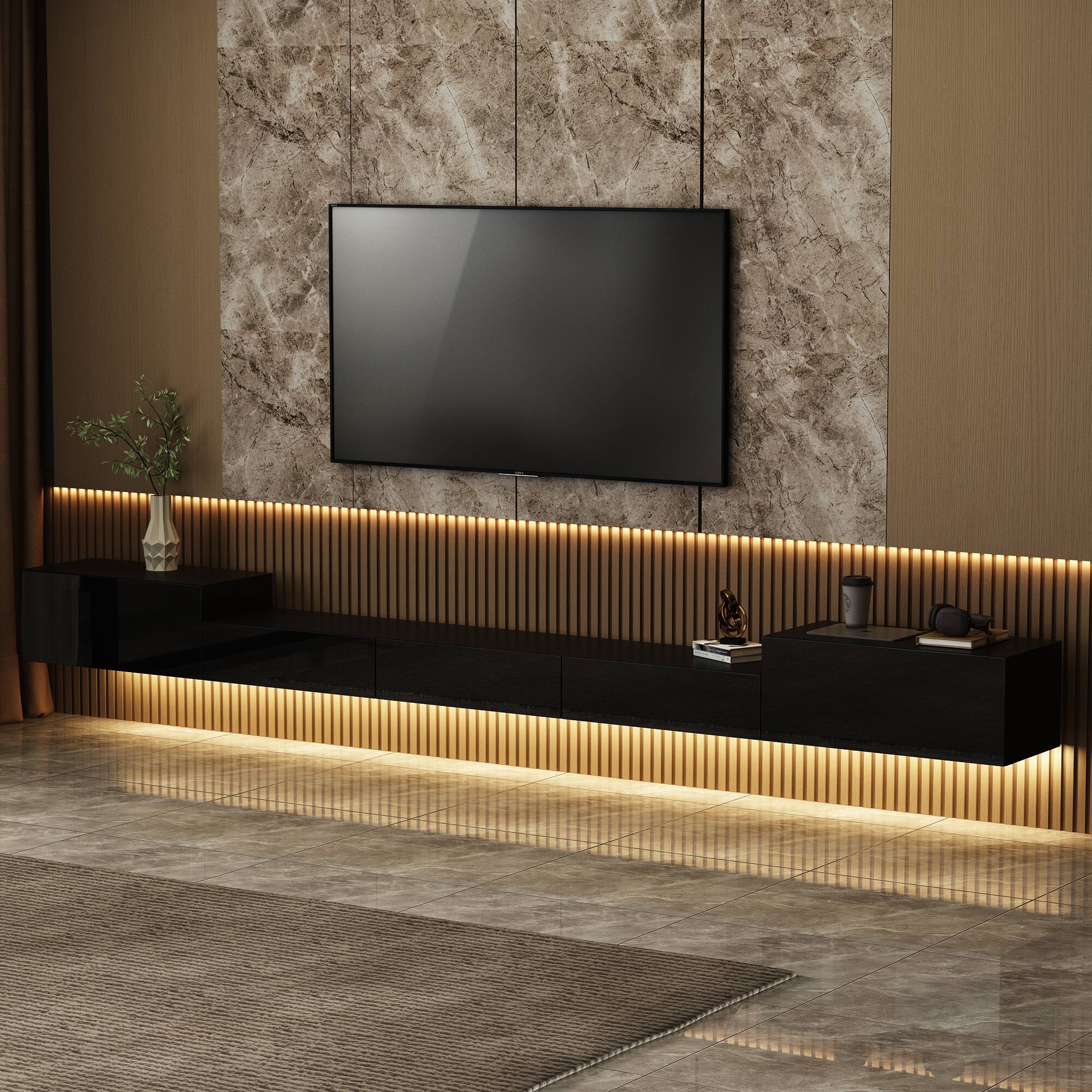 Left. Famapy - Famapy Floating TV Stand, Wall - Mounted Media Console with LED Lights & Storage Up to 70 Inches - Black.