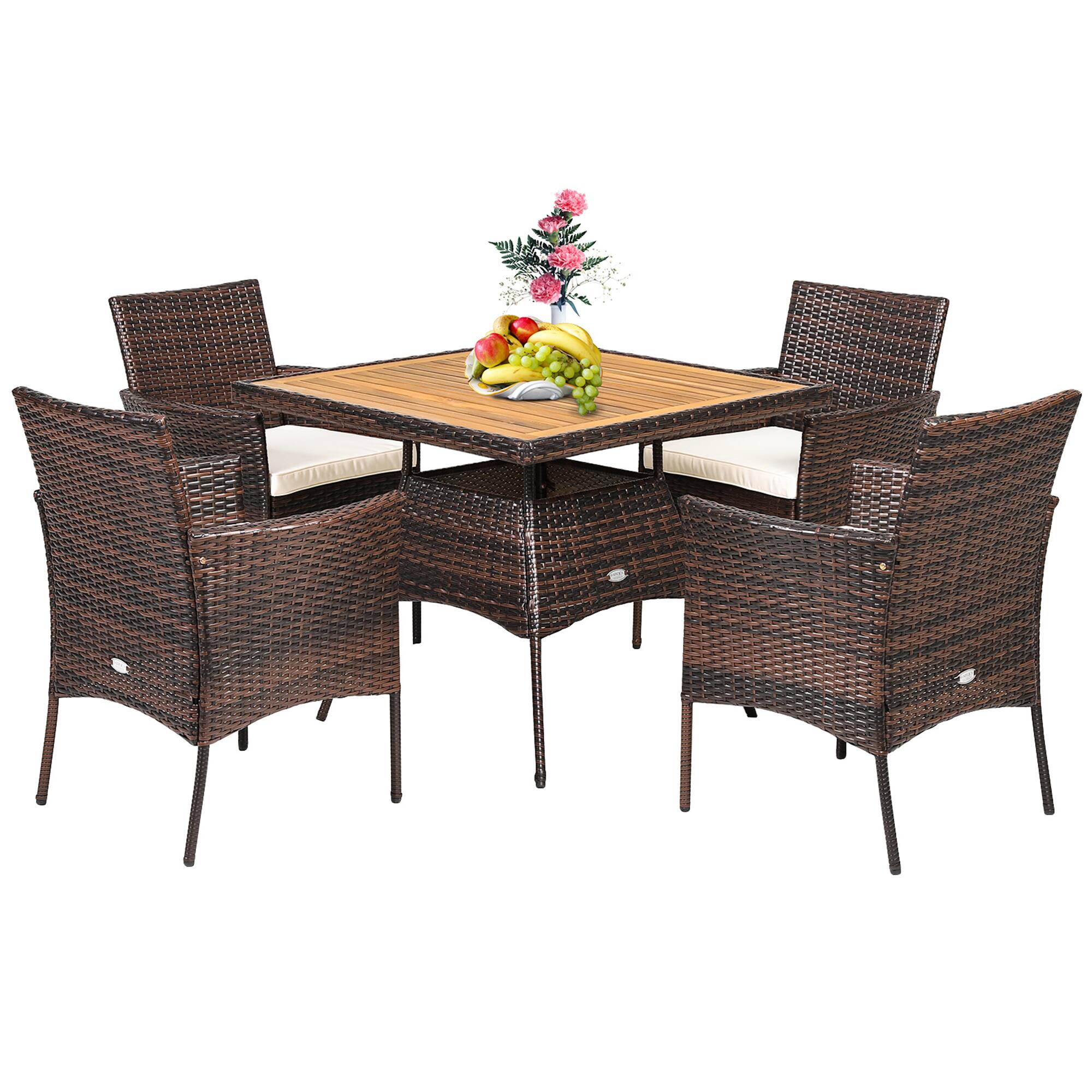Alt View 1. Gymax - Gymax 5PCS Patio Dining Table & Chair Set Outdoor Furniture Set w/ 4 Seat Cushions - Mix brown.