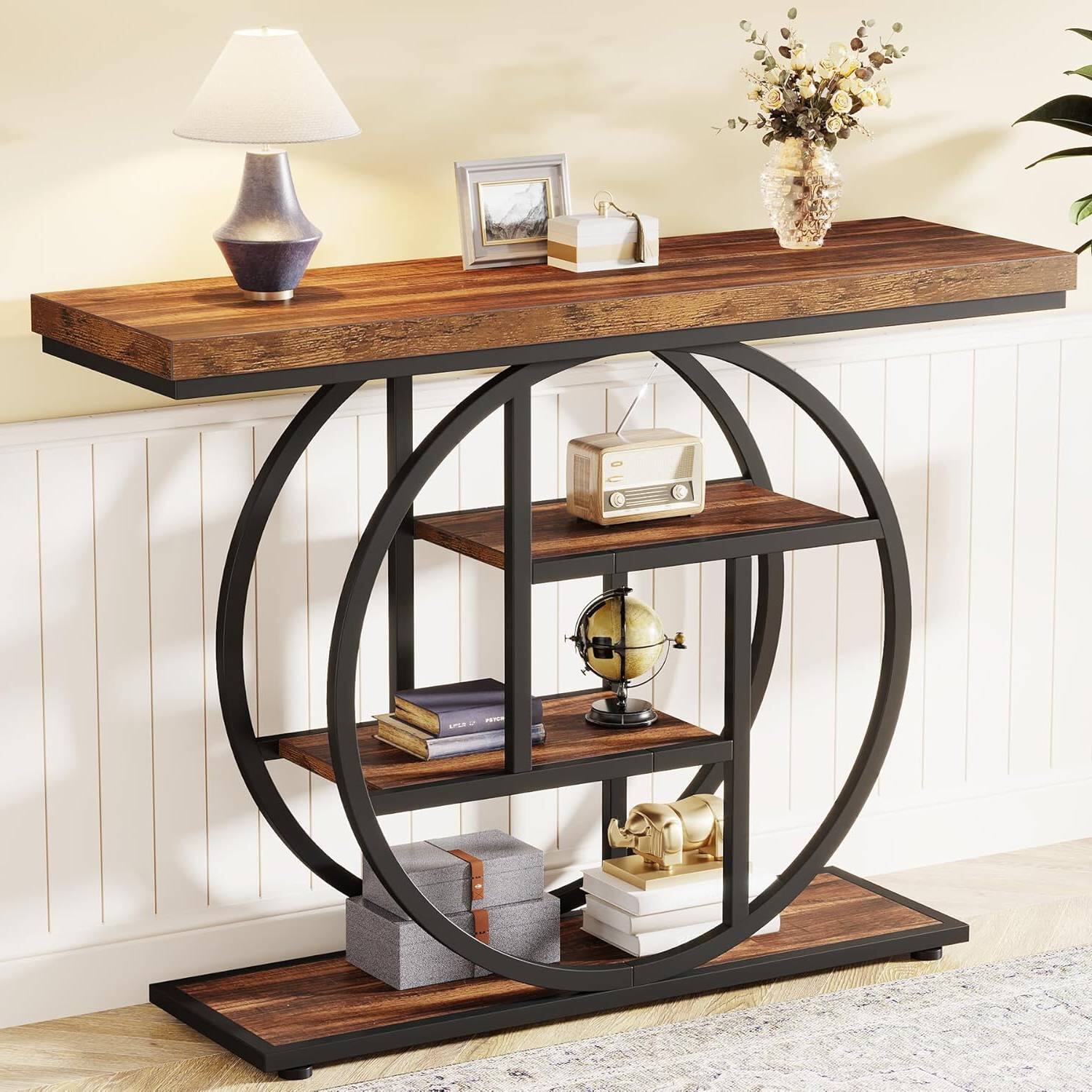 Front. Hivvago - Modern Industrial 41-inch Long Narrow Entryway Foyer Console Table with Shelves - Rustic Brown.