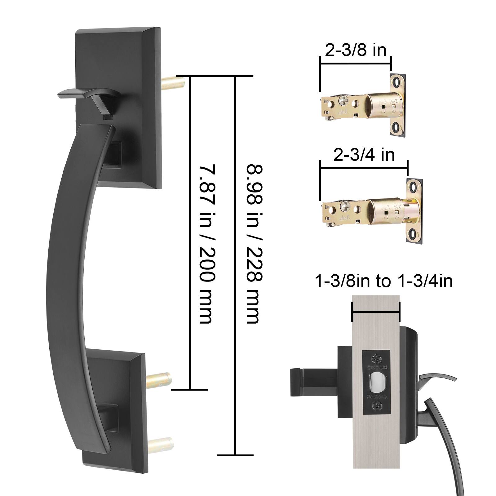 - 2-3/8 in
- 2-3/4 in
- 1-3/8 in to 1-3/4 in

- 7.87 in / 200 mm
- 8.98 in / 228 mm