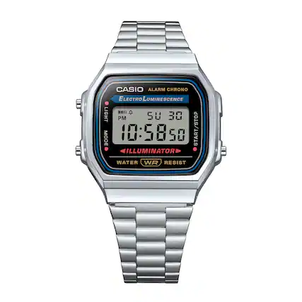 CASIO ALARM CHRONO ELECTRO LUMINESCENCE
LIGHT PM 5U 30 MODE 10:58 50 START/STOP ILLUMINATOR WATER WR RESIST