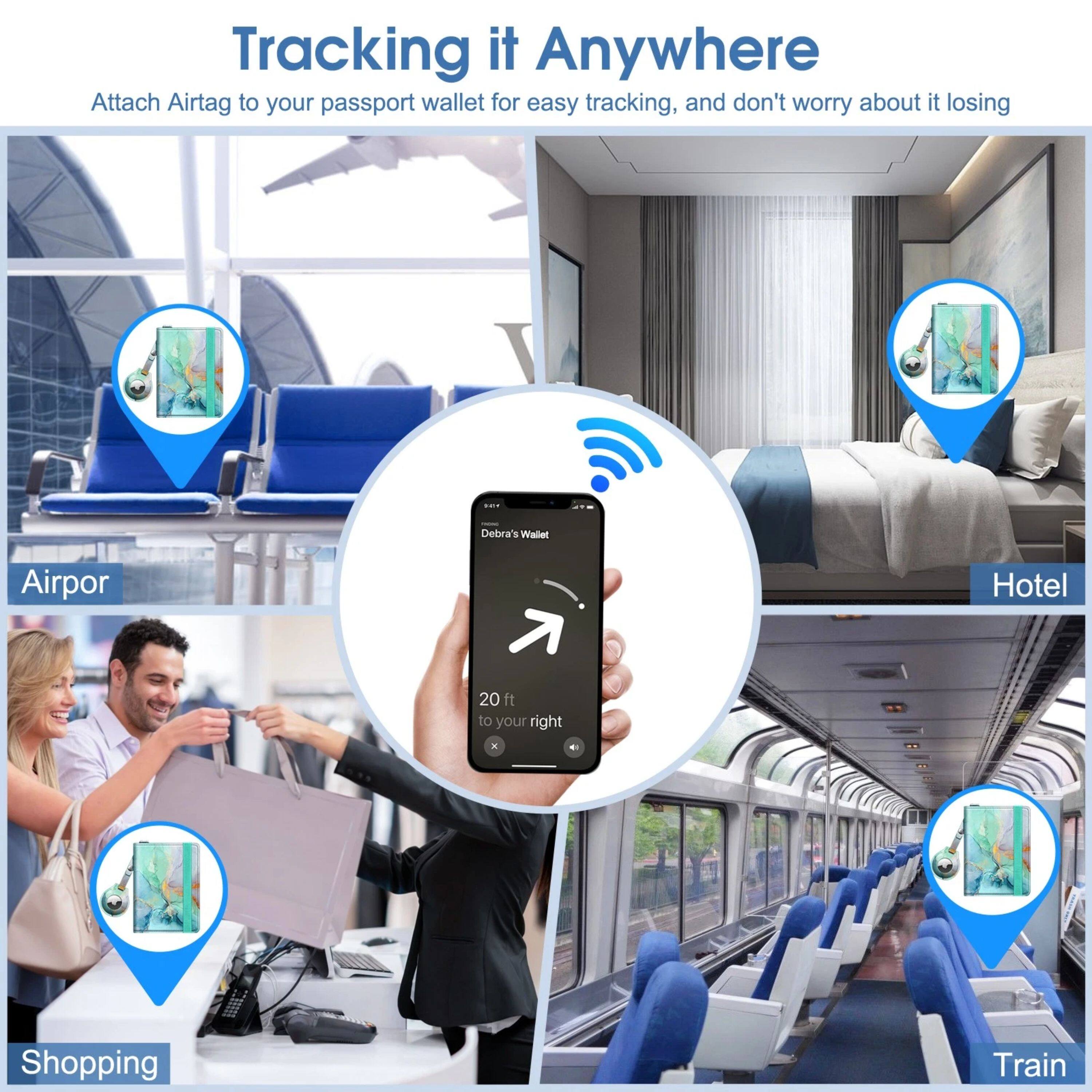 Tracking it Anywhere  
Attach Airtag to your passport wallet for easy tracking, and don't worry about it losing  

Debra's Wallet  
Airport  
Hotel  
Shopping  
Train  

20 ft to your right