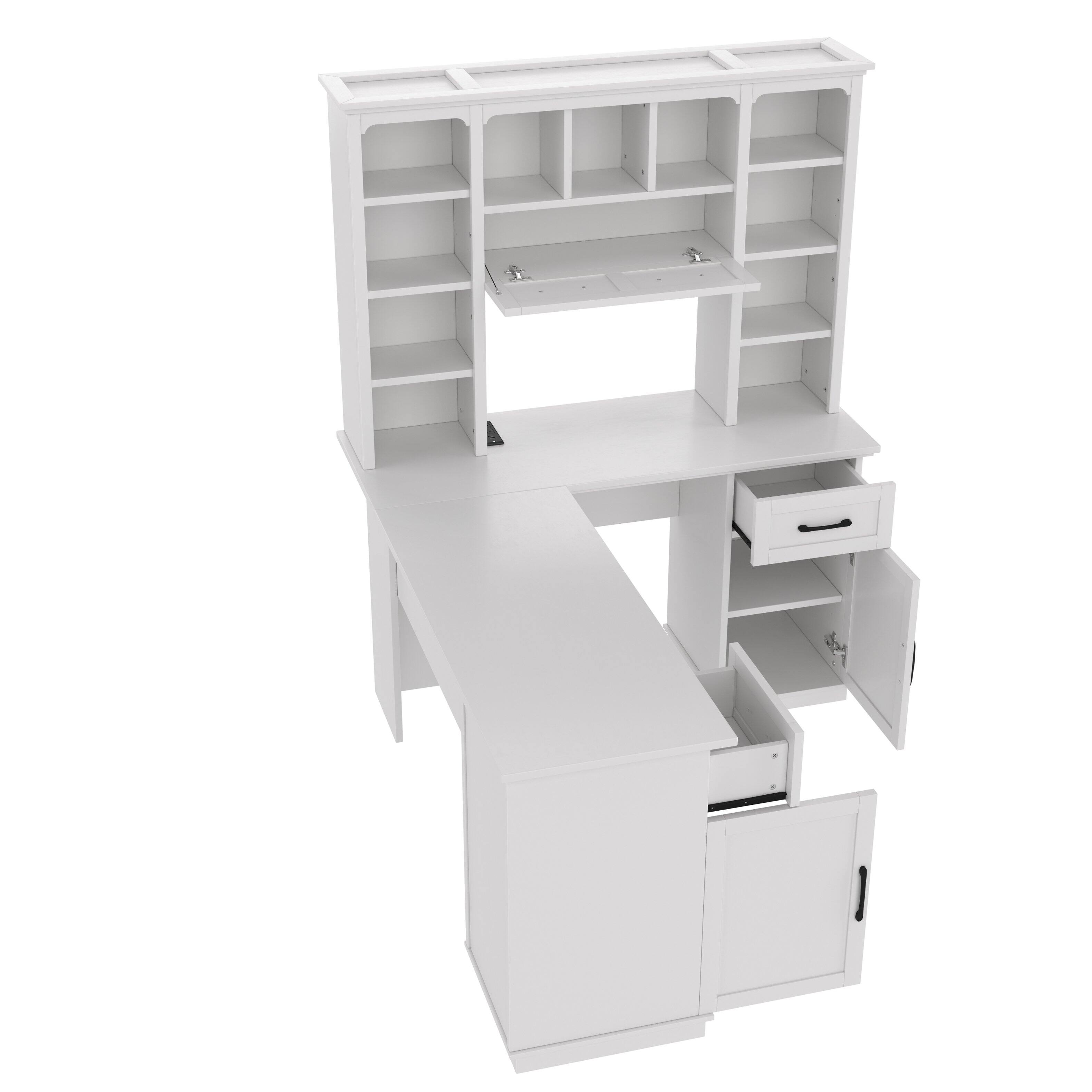 Alt View 6. GOODSILO - L-Shaped Computer Desk with Cabinets, Drawers & Shelves, Electrical Outlet for Study, Living Room & Office - White.