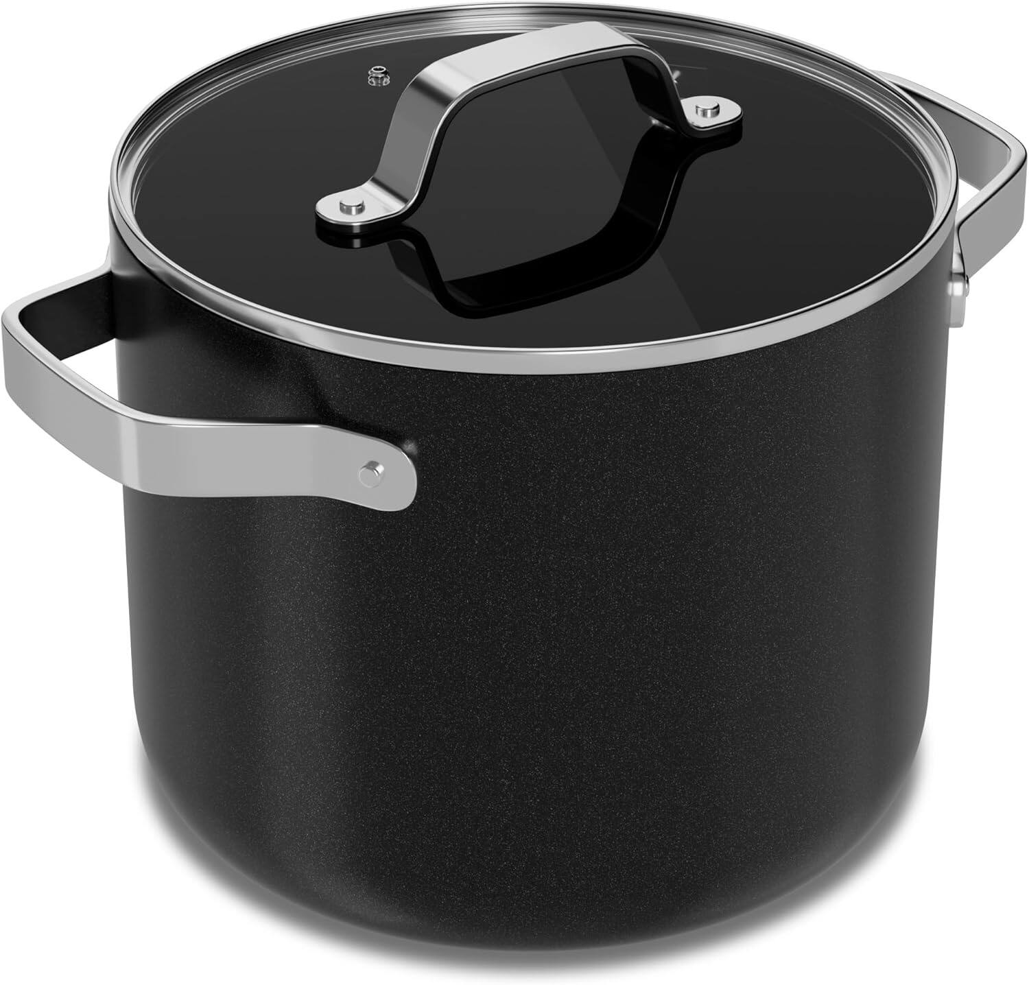 Front. Bakken- Swiss - 5 Qt Aluminum Stock Pot, Nonstick Ceramic Coating, PTFE & PFAS Free, Oven Safe 500°F, SS Handles, Glass Lid - Black.