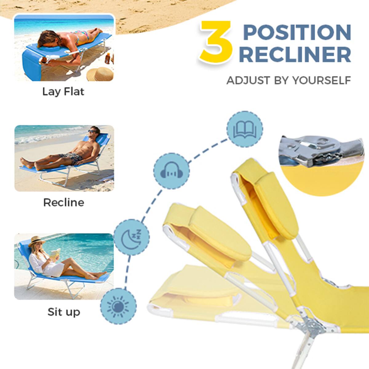 3 POSITION RECLINER  
ADJUST BY YOURSELF  

Lay Flat  
Recline  
Sit up