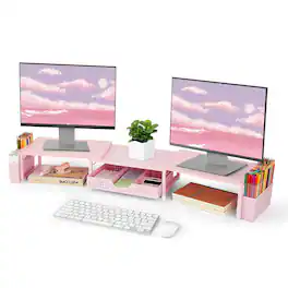 Cedar Assembly - Dual Monitor Stand Riser Metal Desk Organizers And Accessories With Drawer 2 Pen Holders Computer For - Wood Pink With drawer and pen holder