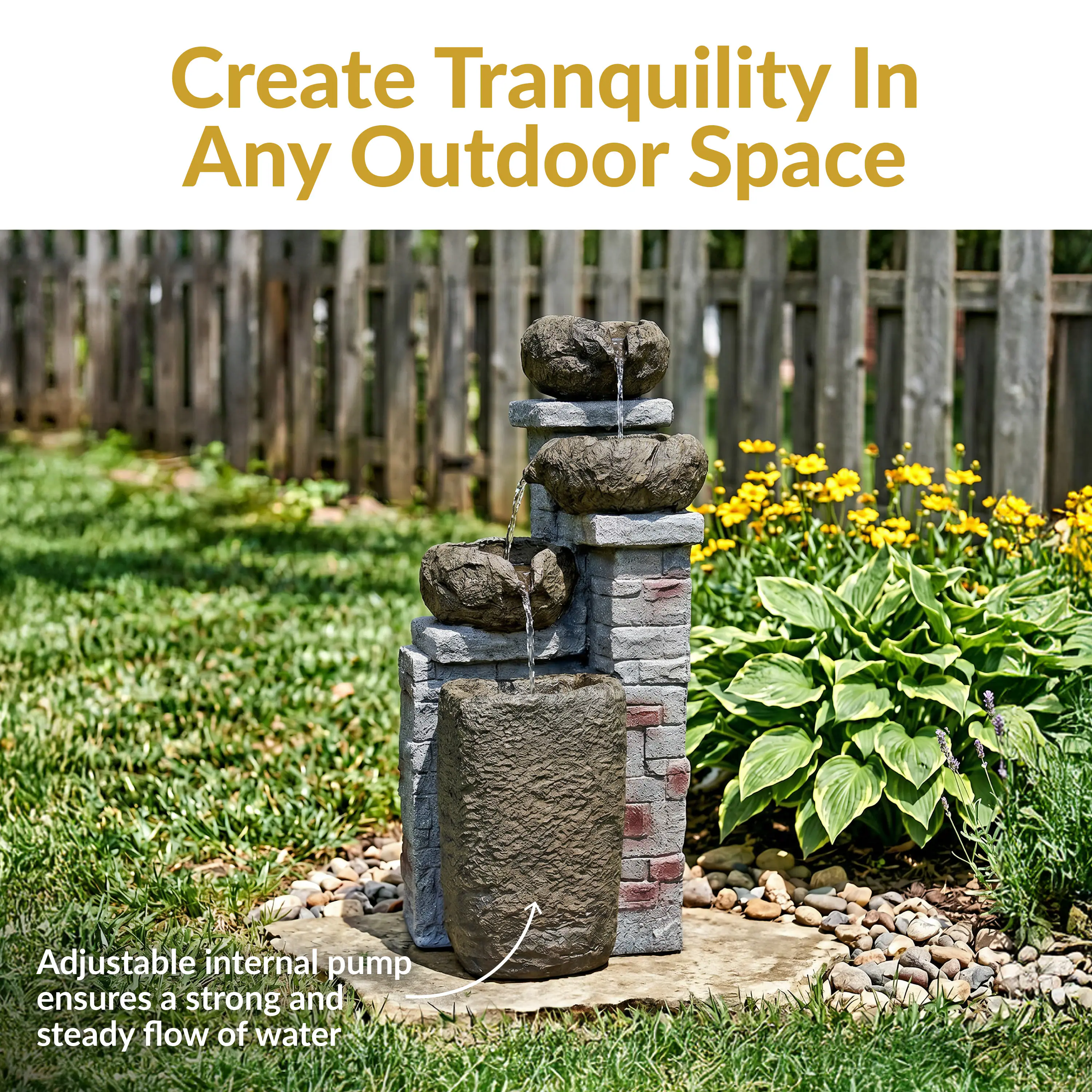 Create Tranquility In Any Outdoor Space

Adjustable internal pump ensures a strong and steady flow of water