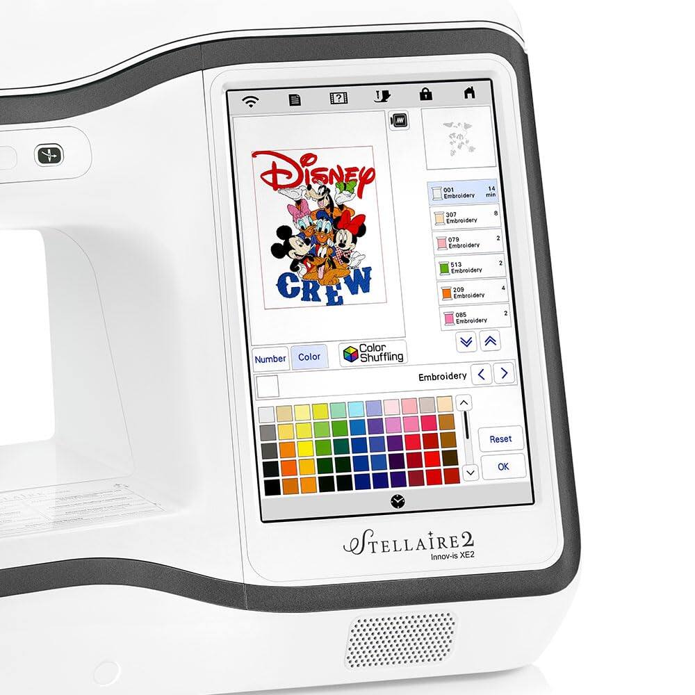 Sure, here is the corrected and grouped text:

---

**Disney CREW**

**Embroidery**

- 001 Embroidery 14 min
- 0307 Embroidery 8
- 070 Embroidery 2
- 513 Embroidery 2
- 209 Embroidery 4
- 088 Embroidery 2

**Color Shuffling**

- Number
- Color

**Coloring**

- Reset
- OK

**STELL'AIRE2**
Innov-is XE2

---