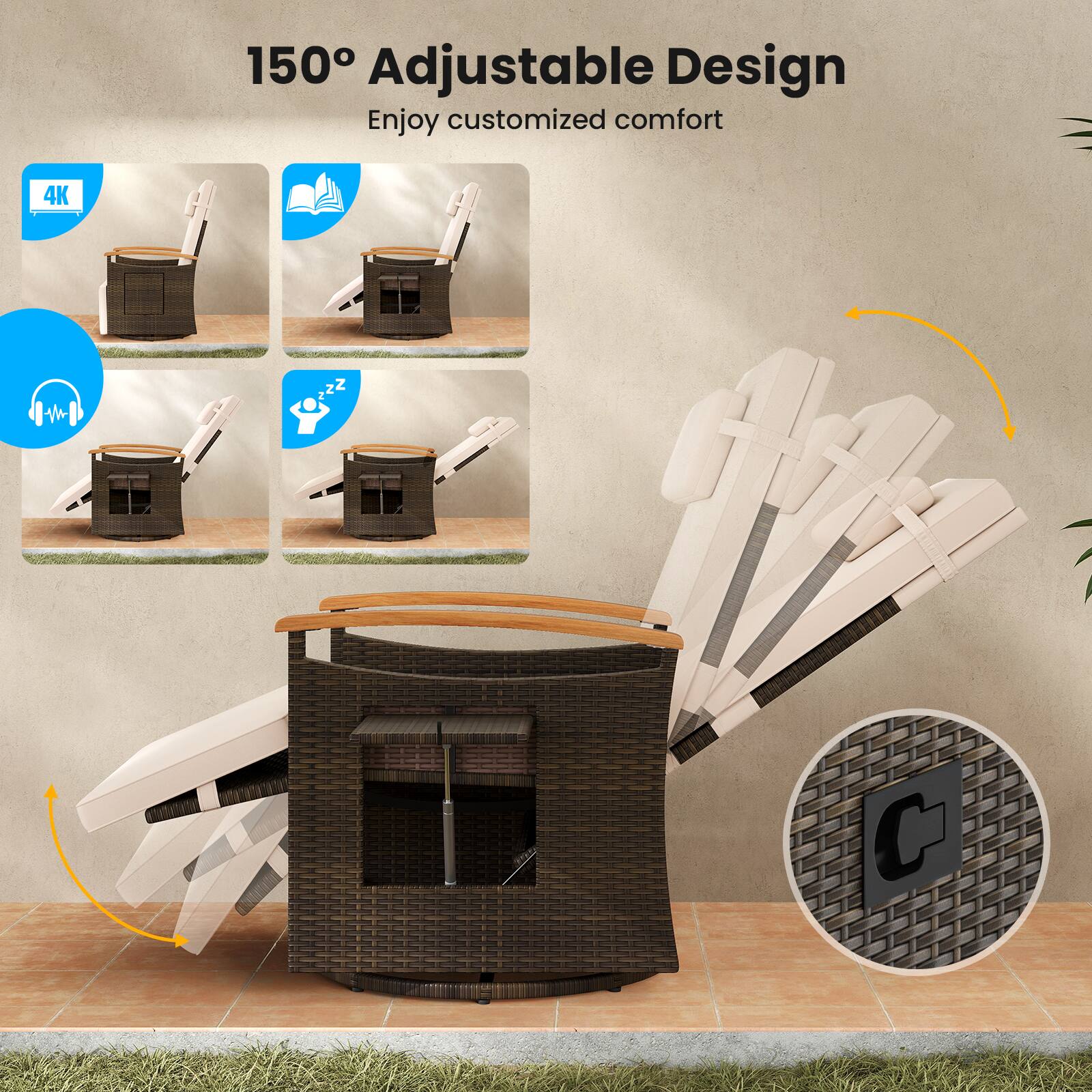 150° Adjustable Design  
Enjoy customized comfort  

4K  
Book  
Music  
Sleep