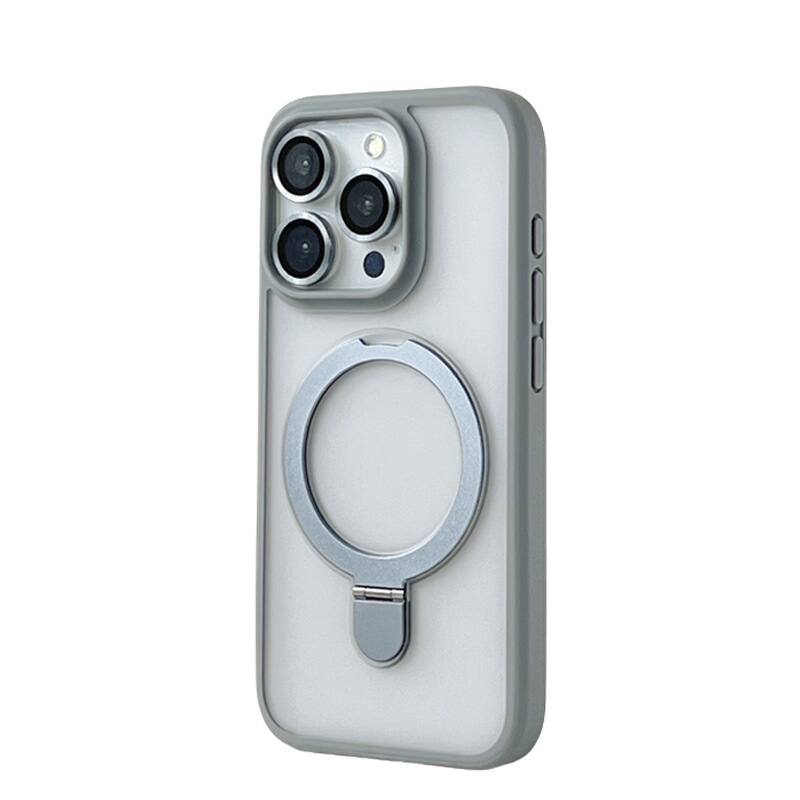 Front. Gravity Ridge - Phone Case for iPhone 14 PRO MAX Compatible MagSafe with Stand Folding Ring Case Magnetic Phone Cover - Gray.