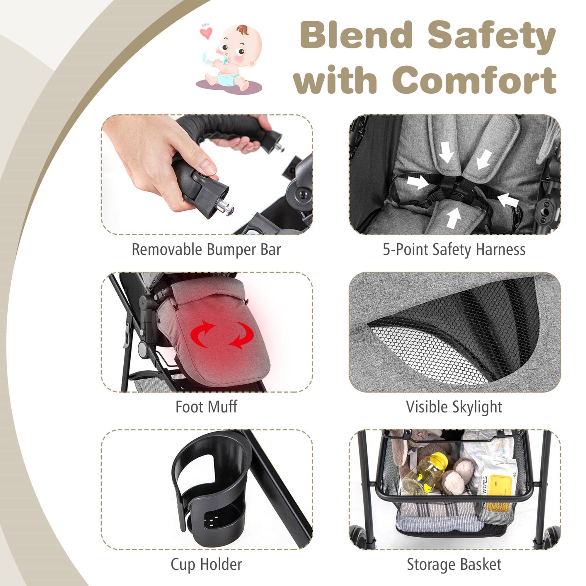 Blend Safety with Comfort

Removable Bumper Bar
5-Point Safety Harness
Foot Muff
Visible Skylight
Cup Holder
Storage Basket