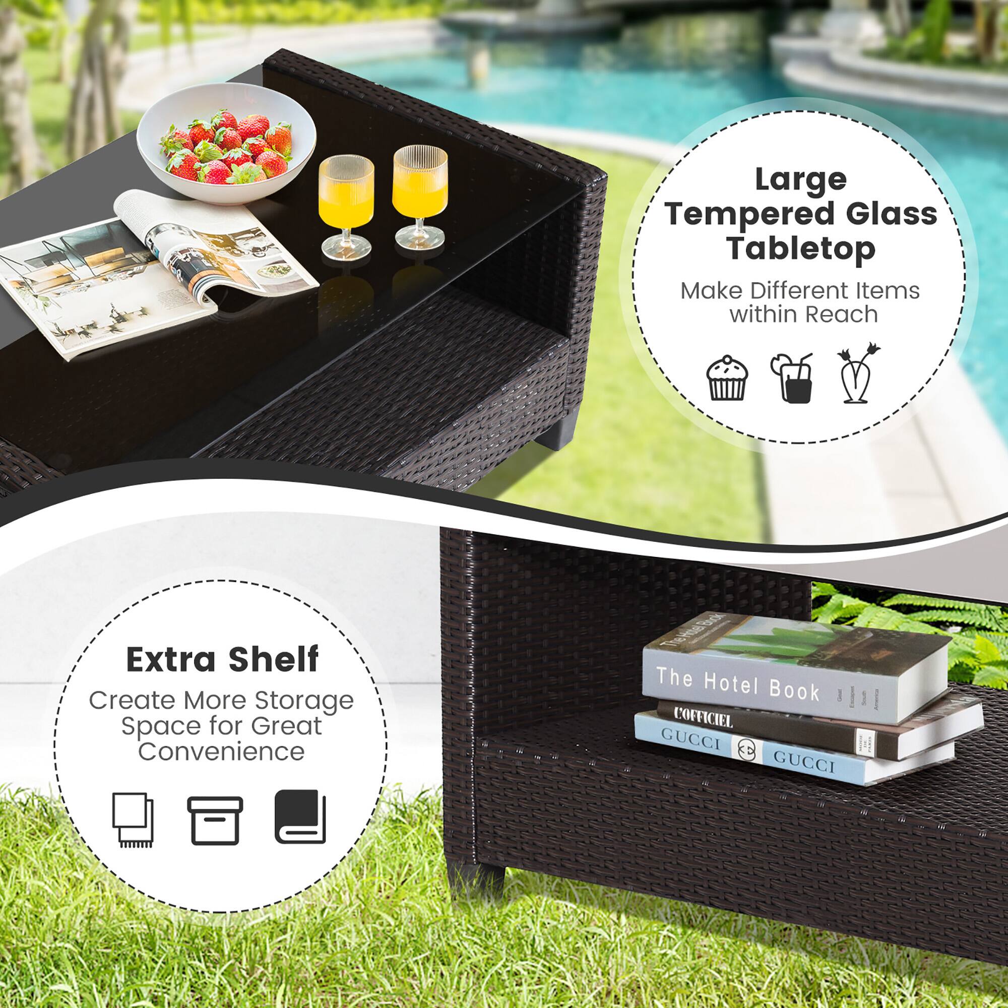 Large Tempered Glass Tabletop  
Make Different Items within Reach  

Extra Shelf  
Create More Storage Space for Great Convenience  

The Hotel Book  
COFFICIEL  
GUCCI  
GUCCI