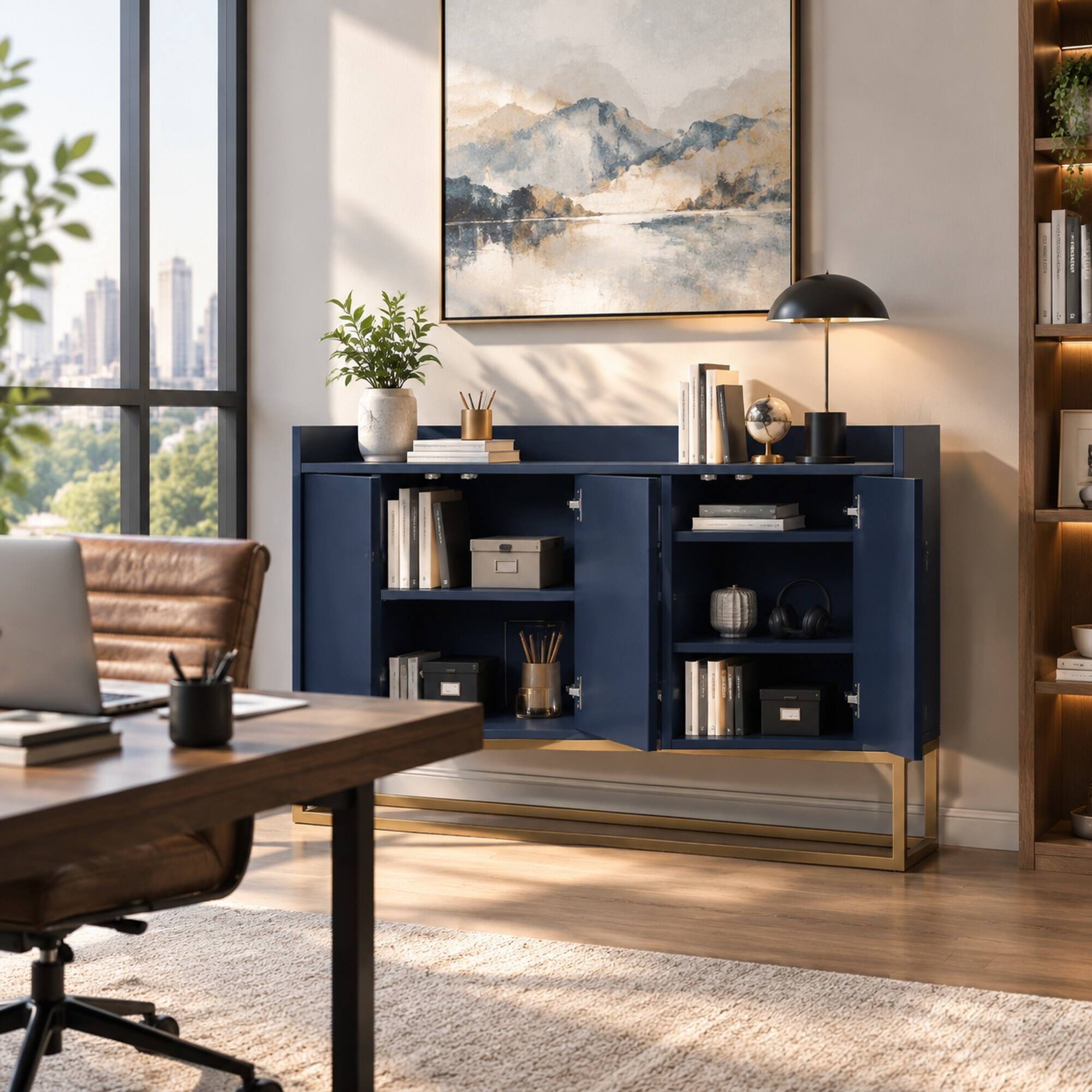 Left. RYHNUYNE - Freestanding Modern Sideboard Buffet Cabinet with Large Storage Space for Dining Room, Navy - Navy.