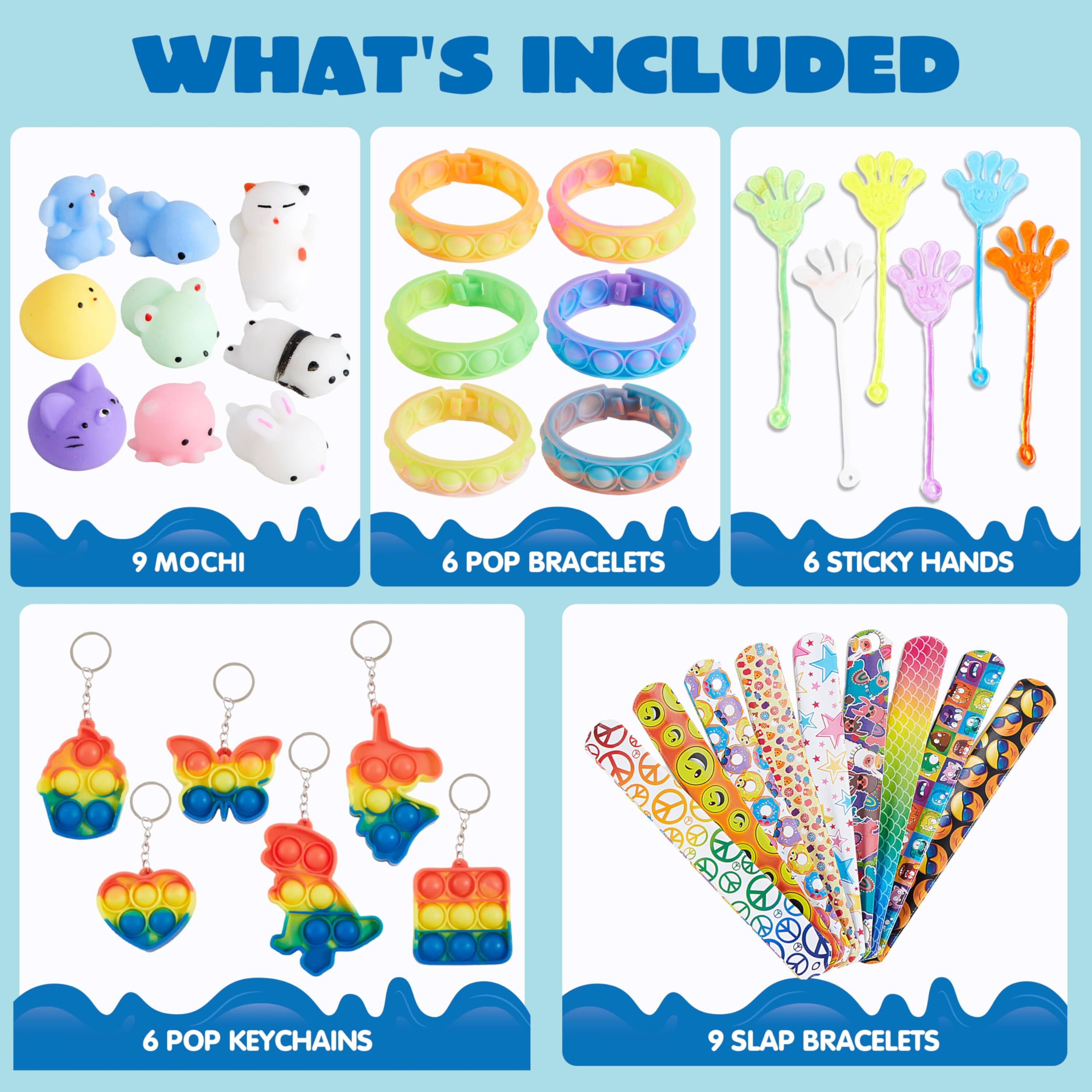 WHAT'S INCLUDED

- 9 MOCHI
- 6 POP BRACELETS
- 6 STICKY HANDS
- 6 POP KEYCHAINS
- 9 SLAP BRACELETS