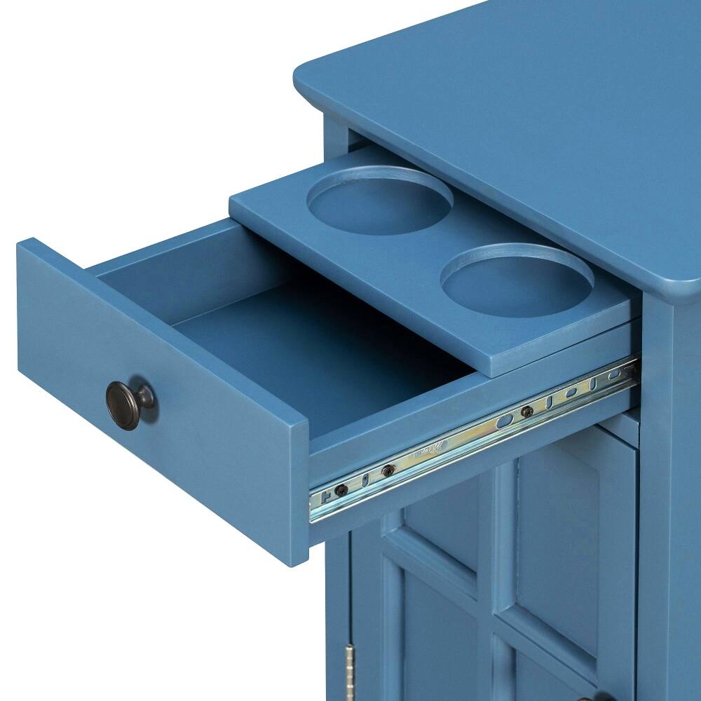 Alt View 9. Loheer - Loheer Vintage End Table Antique Navy Side Table with USB Ports Cup Holders Storage Drawer Solid Wood Base - Antique Navy.