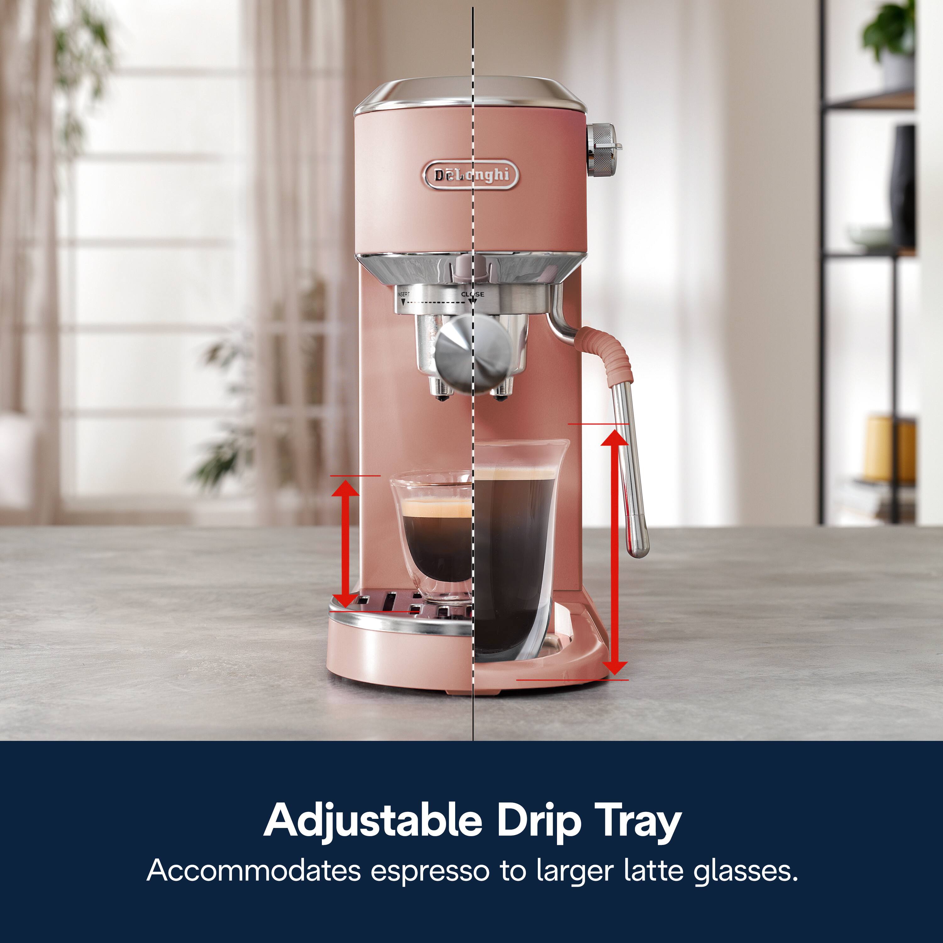 The text on the image can be grouped and corrected as follows:

"DeLonghi LS Adjustable Drip Tray Accommodates espresso to larger latte glasses."
