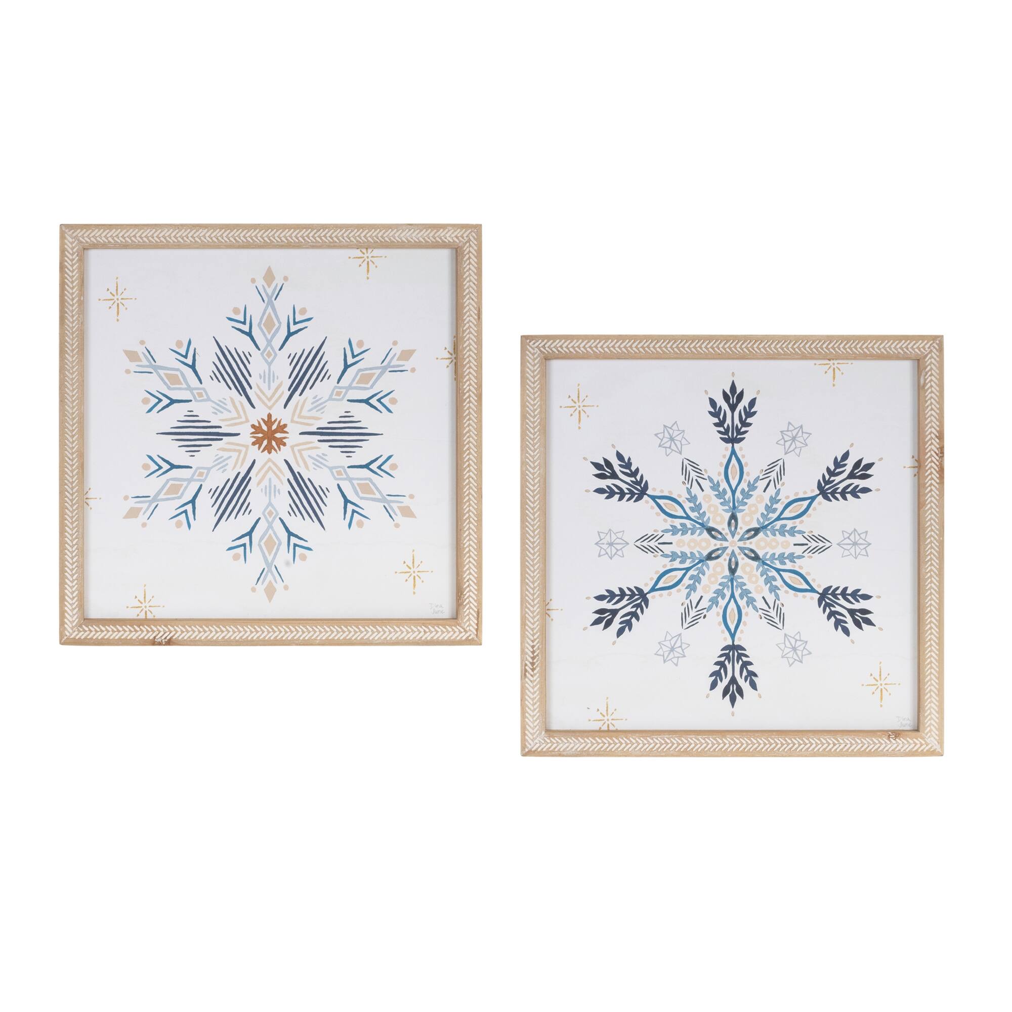 Front. BreeBe - Framed Holiday Snowflake Print (Set of 2) - White, Blue.