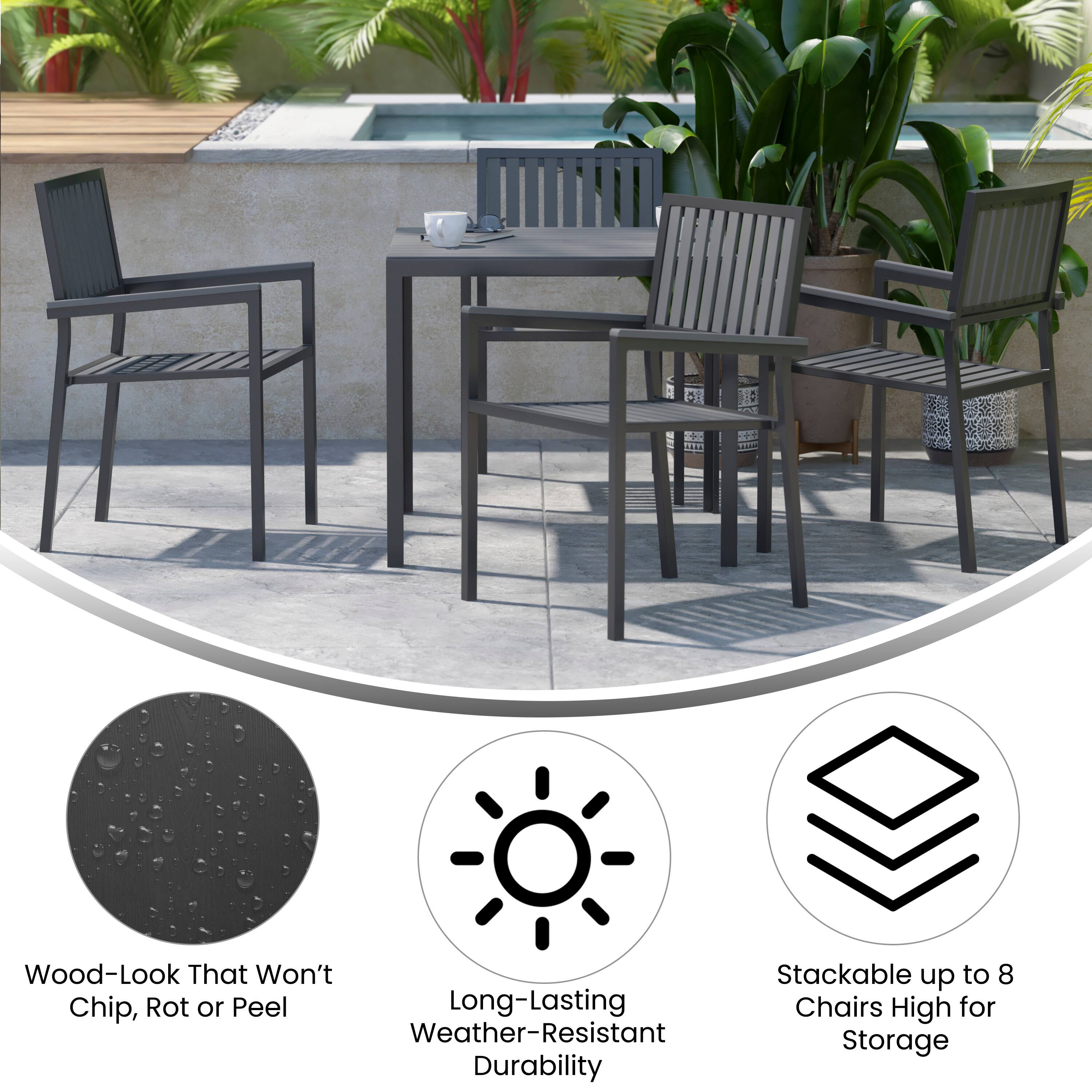 Wood-Look That Won't Chip, Rot or Peel  
Long-Lasting Weather-Resistant Durability  
Stackable up to 8 Chairs High for Storage