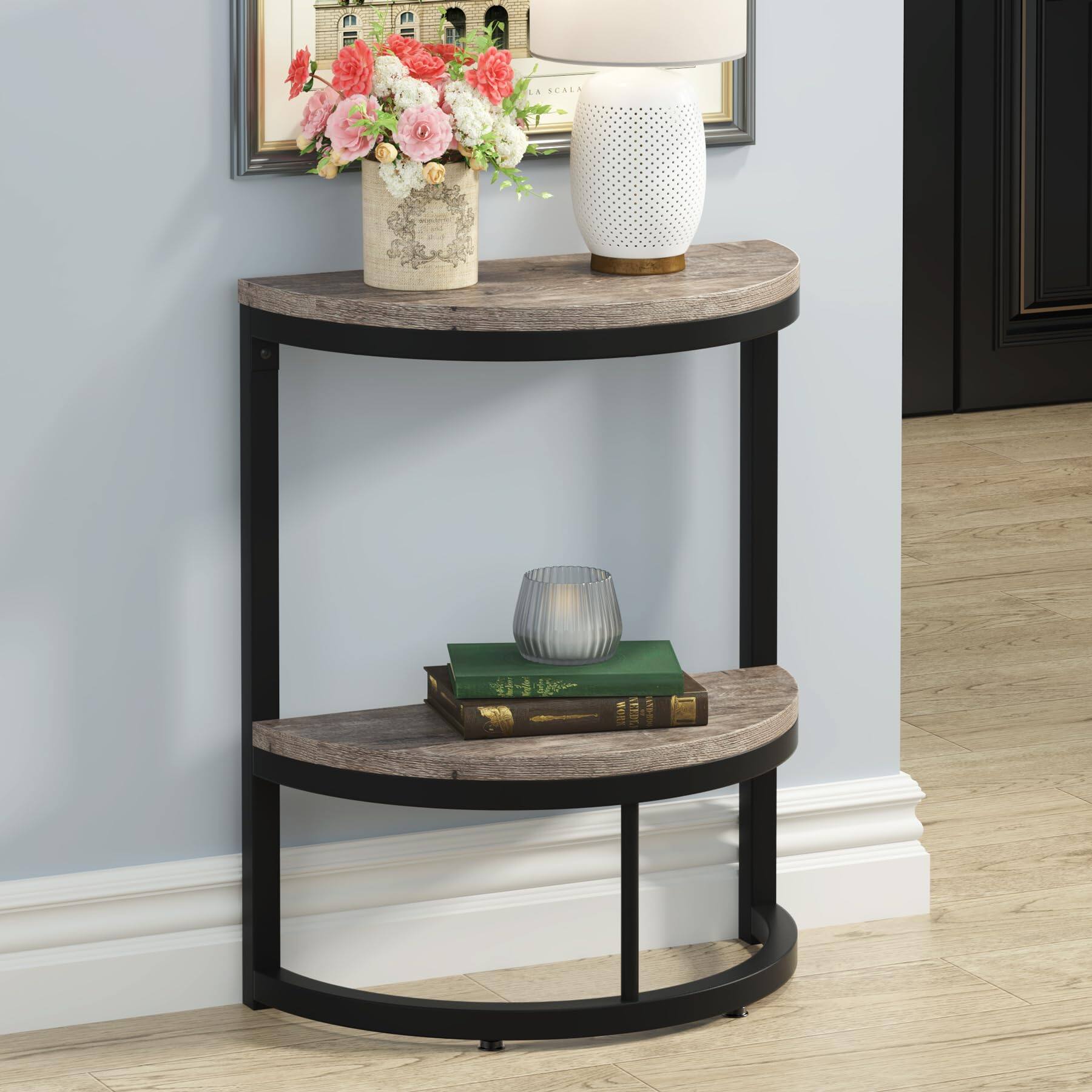 Alt View 1. Tribesigns - 2-Tier End Table Semi Circle, Small Half Round Side Table with Storage Shelf, Wood Accent Table Slim C Table for Sofa Co - Rustic Grey & Black.
