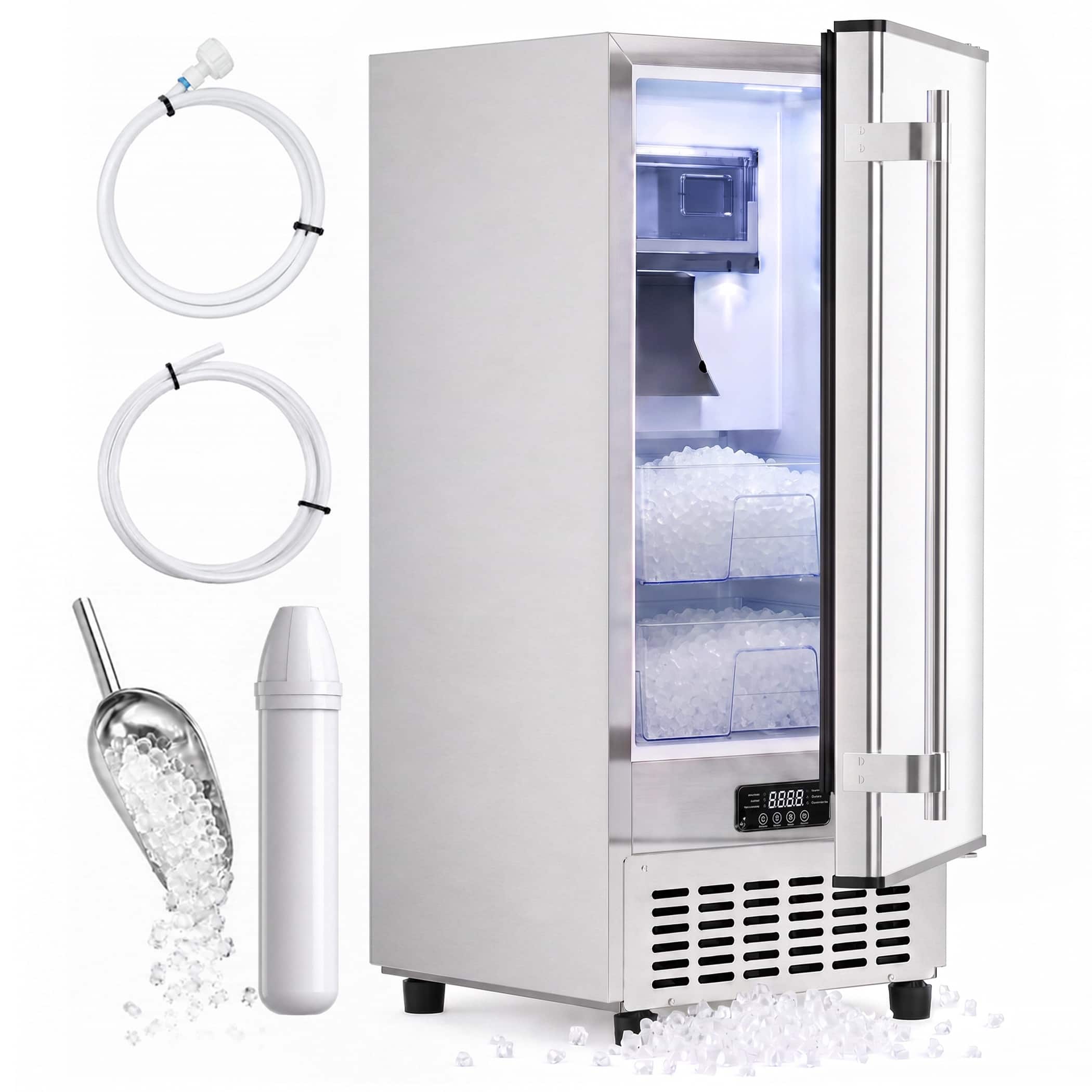 Coolake - 15 in W Undercounter Nugget Ice Machine 120 lb Freestanding Built-in Sonic Ice Maker with 20 lb Dual Storage - Stainless Steel
