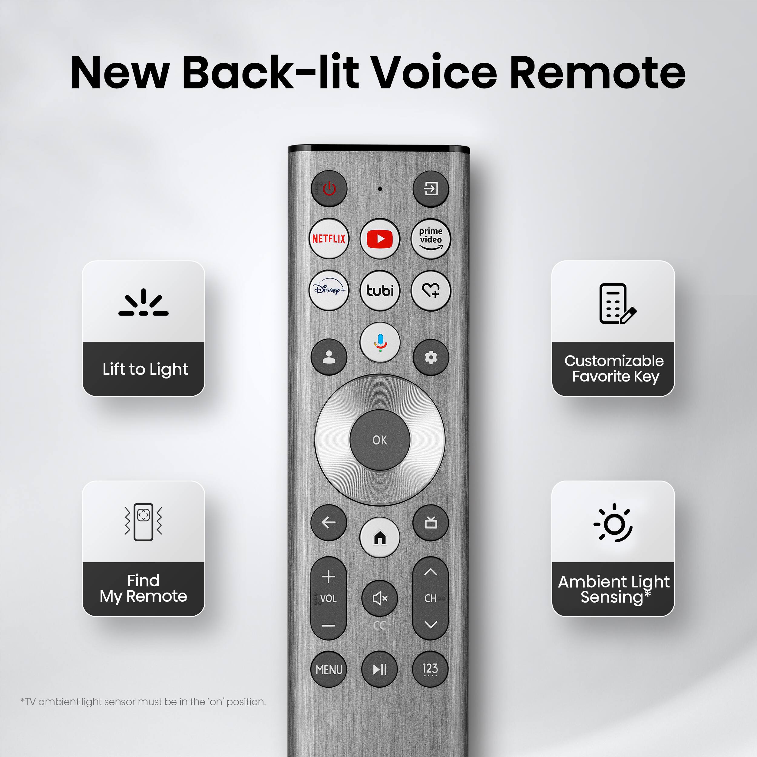 New Back-lit Voice Remote

NETFLIX prime video Disney+ tubi
Lift to Light
Customizable Favorite Key
OK
Find My Remote
+ VOL - CC CH
Ambient Light Sensing
MENU II 123
*TV ambient light sensor must be in the "on" position.
