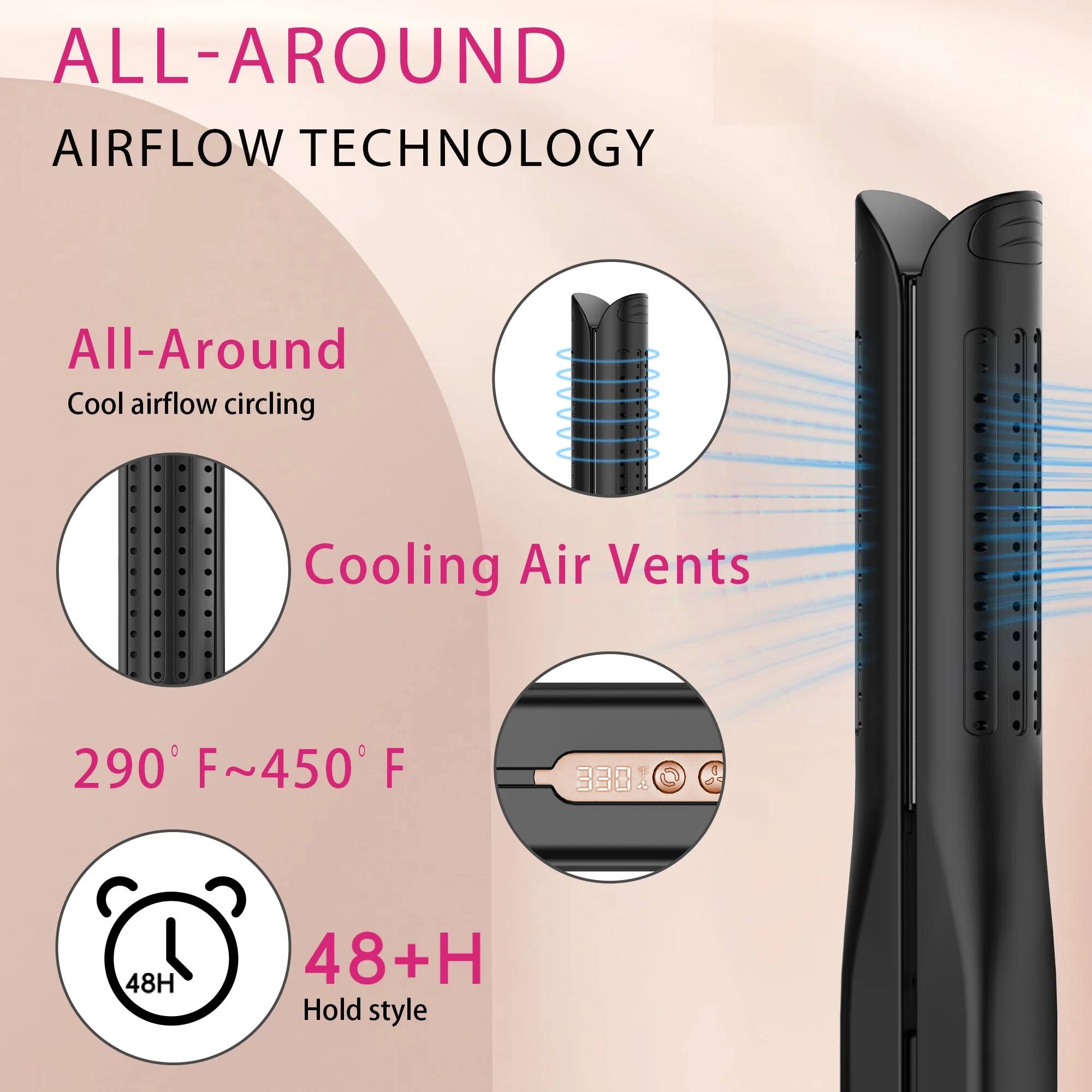 ALL-AROUND AIRFLOW TECHNOLOGY, All-Around Cool airflow circling, Cooling Air Vents, 290 F~450 F, 48+H, Hold style