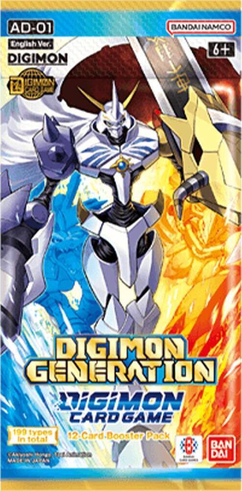AD-01 English Ver. DIGIMON  
BANDAINAMCO  
6+  
DIGIMON GENERATION  
DIGIMON CARD GAME  
199 types  
12 Card Booster Pack  
In total 6  
BANDAI