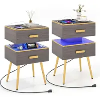 Costway 2 PCS Nightstand with Charging Station 2 USB Ports 2 Outlets LED lights Modern - Grey + Black - Front_Zoom