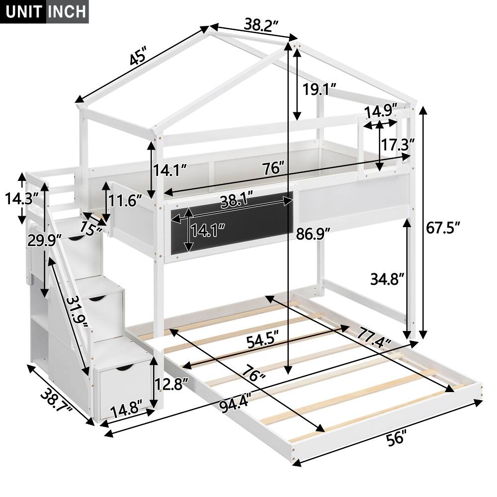 UNIT INCH  
38.2" 45" 19.1" 14.1" 76" 14.3" 11.6" 38.1" 29.9" 15" 14.1" 86.9"  
14.9" 17.3" 67.5"  
31.9" 38.7"  
12.8" 14.8"  
54.5" 76" 94.4"  
34.8" 77.4" 56"