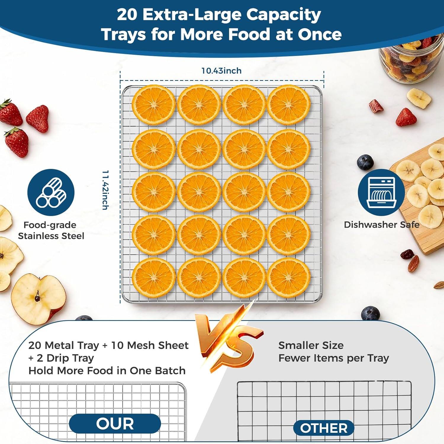 20 Extra-Large Capacity Trays for More Food at Once

10.43 inch Food-grade Stainless Steel 11.42 inch Dishwasher Safe

20 Metal Tray + 10 Mesh Sheet + 2 Drip Tray

Hold More Food in One Batch

Smaller Size Fewer Items per Tray