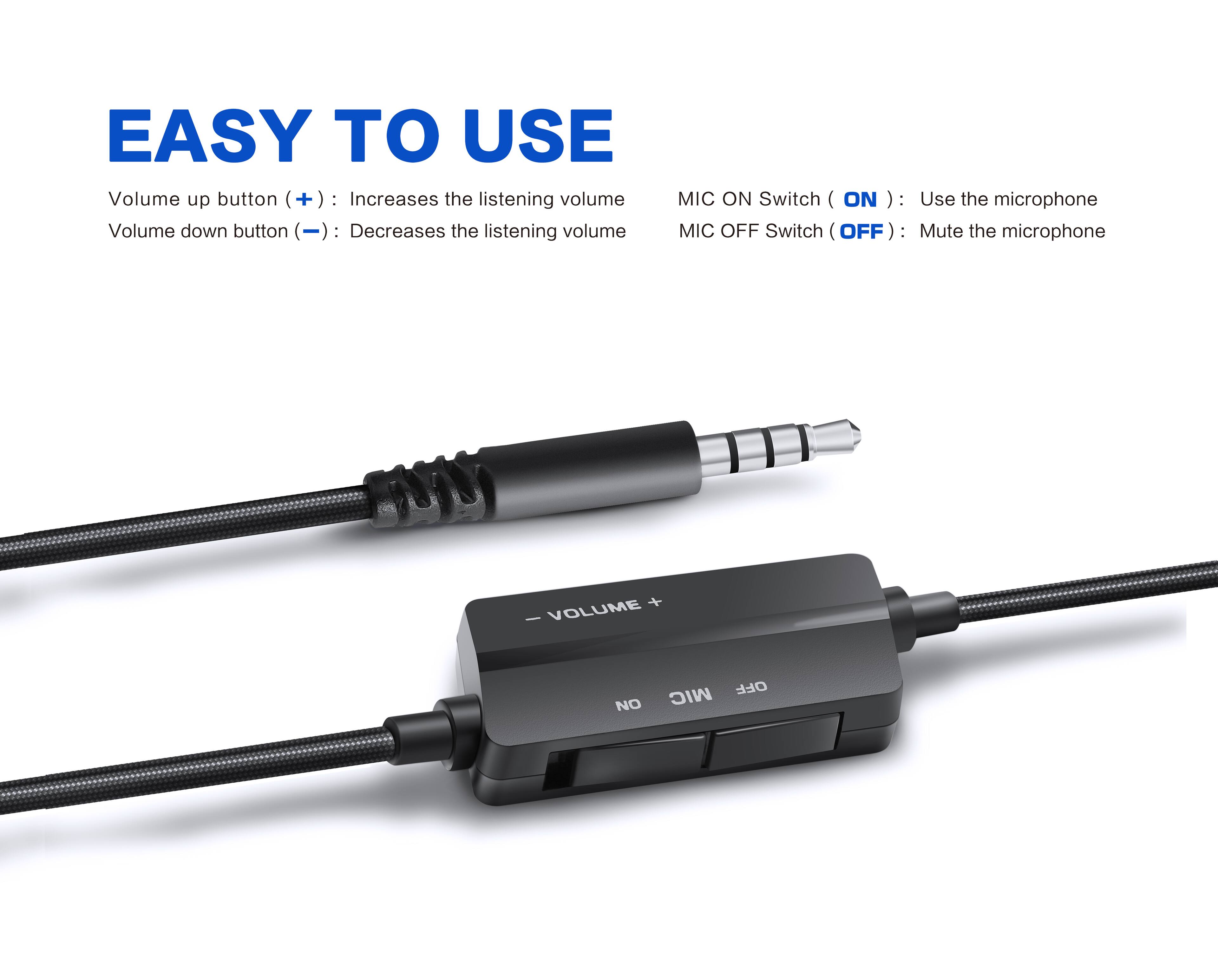 EASY TO USE
Volume up button (+): Increases the listening volume
Volume down button (-): Decreases the listening volume
MIC ON Switch (ON): Use the microphone
MIC OFF Switch (OFF): Mute the microphone