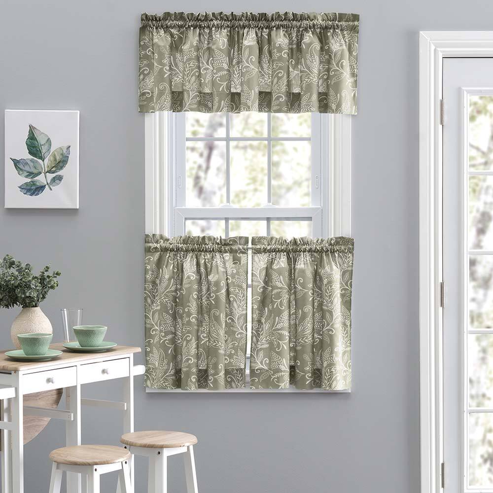 Angle. Ellis Curtain - Ellis Curtain Lexington Leaf Pattern on Colored Ground Curtain Tiers 56"x36" Sage - Sage.
