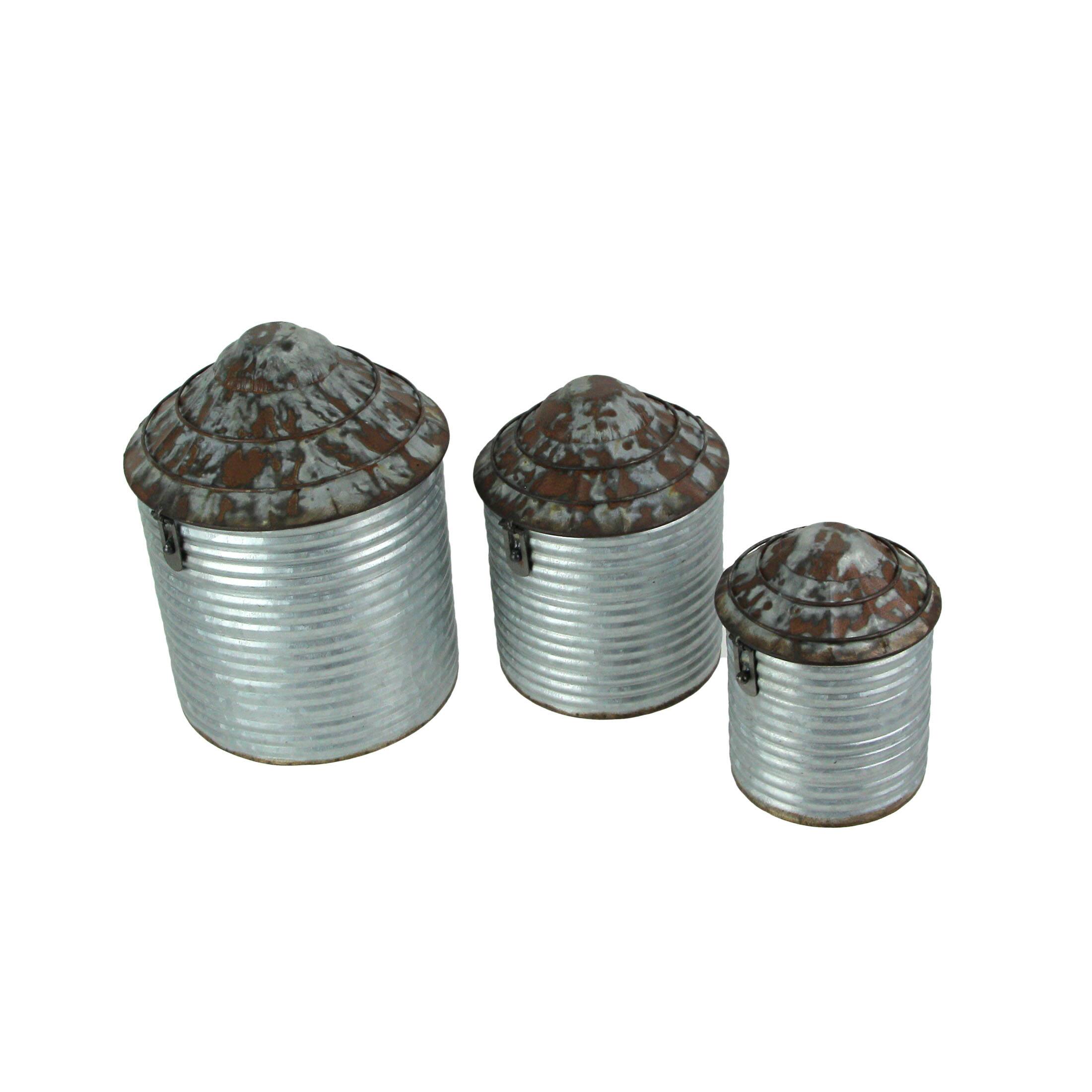 Alt View 1. Zeckos - Vintage Farmhouse Style Galvanized Zinc Finish Tin Silo Canister Set of 3 - Grey.
