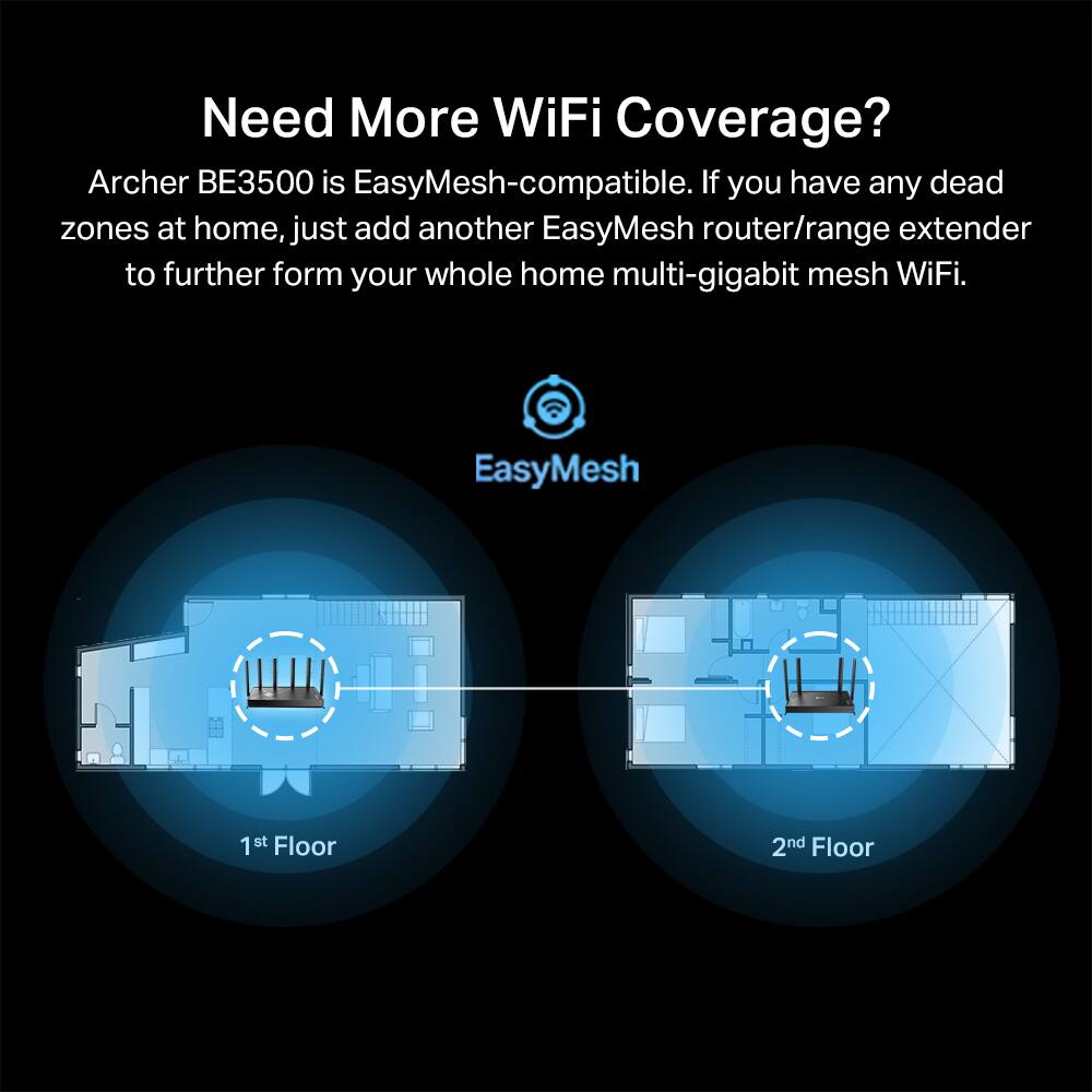 Need More WiFi Coverage?

Archer BE3500 is EasyMesh-compatible. If you have any dead zones at home, just add another EasyMesh router/range extender to further form your whole home multi-gigabit mesh WiFi.

EasyMesh

1st Floor

2nd Floor