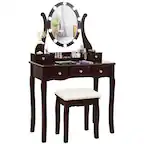 Front. Costway - Costway Vanity Table Set w/10 Light Bulbs and Touch Switch Makeup Dressing Table - Brown.