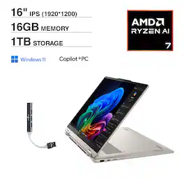 Lenovo - Yoga 7 2-in-1 Laptop 16.0 WUXGA (AMD Ryzen AI 7 350, 16GB LPDDR5X, 1TB SSD, Win 11 Home) w/USB Hub - Seashell