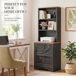 Aheaplus - 2-Drawer Tall Vertical File Cabinet with Open Shelves and Built-In Lock - Farmhouse Style Storage for Home Office - Black