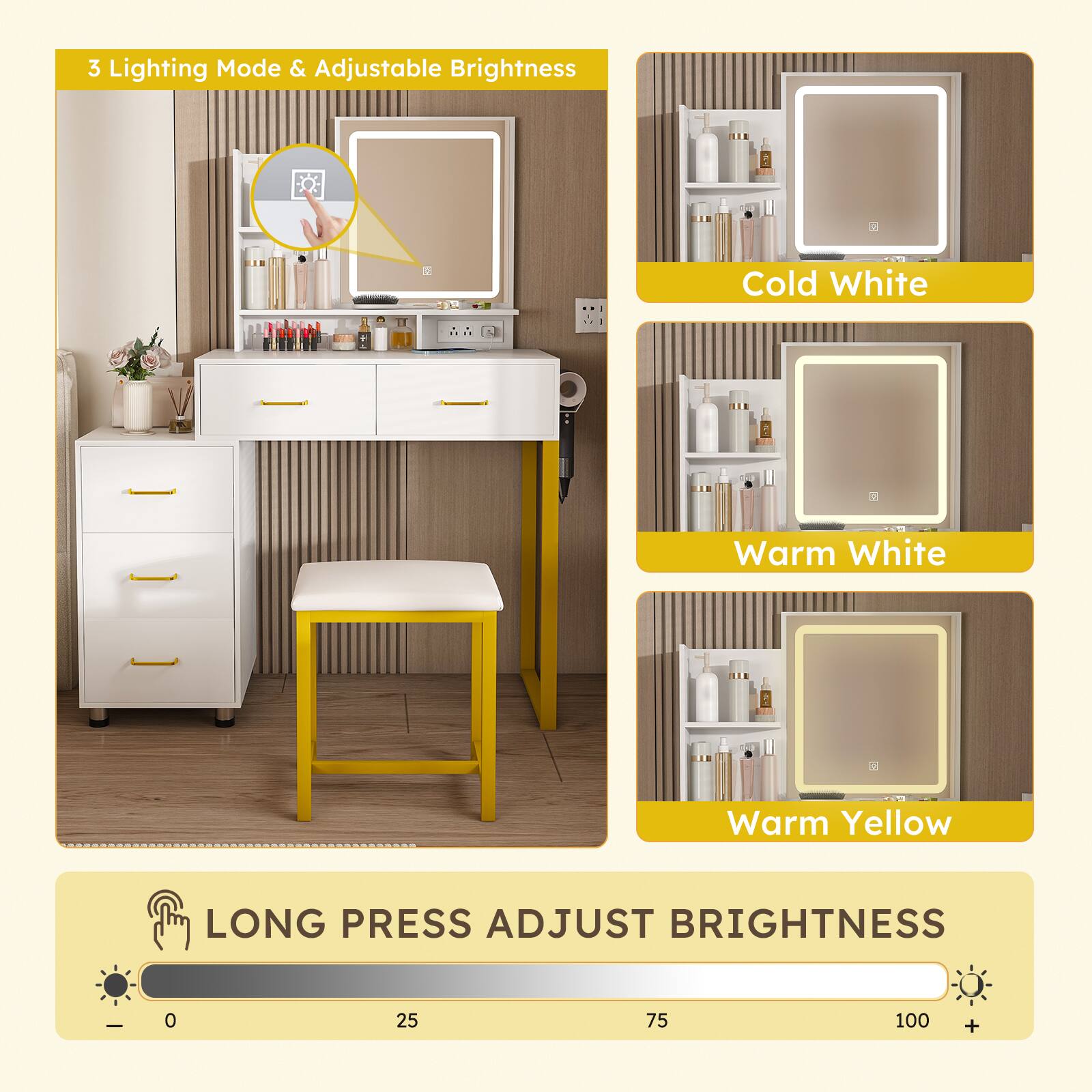 3 Lighting Mode & Adjustable Brightness

- Cold White
- Warm White
- Warm Yellow

LONG PRESS ADJUST BRIGHTNESS

0 25 75 100