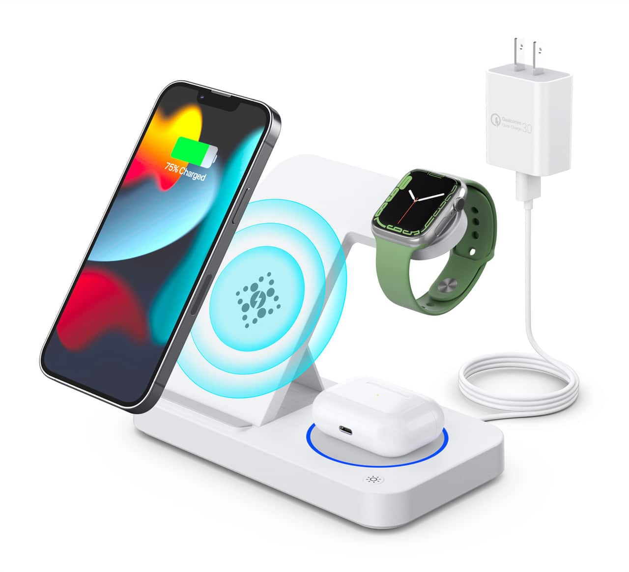 RISOKEYS - 4-in-1 Fast Foldable Wireless Charger - 15W Stand-Up Charger for Apple iPhone, Samsung Phones, Apple Watch and AirPods