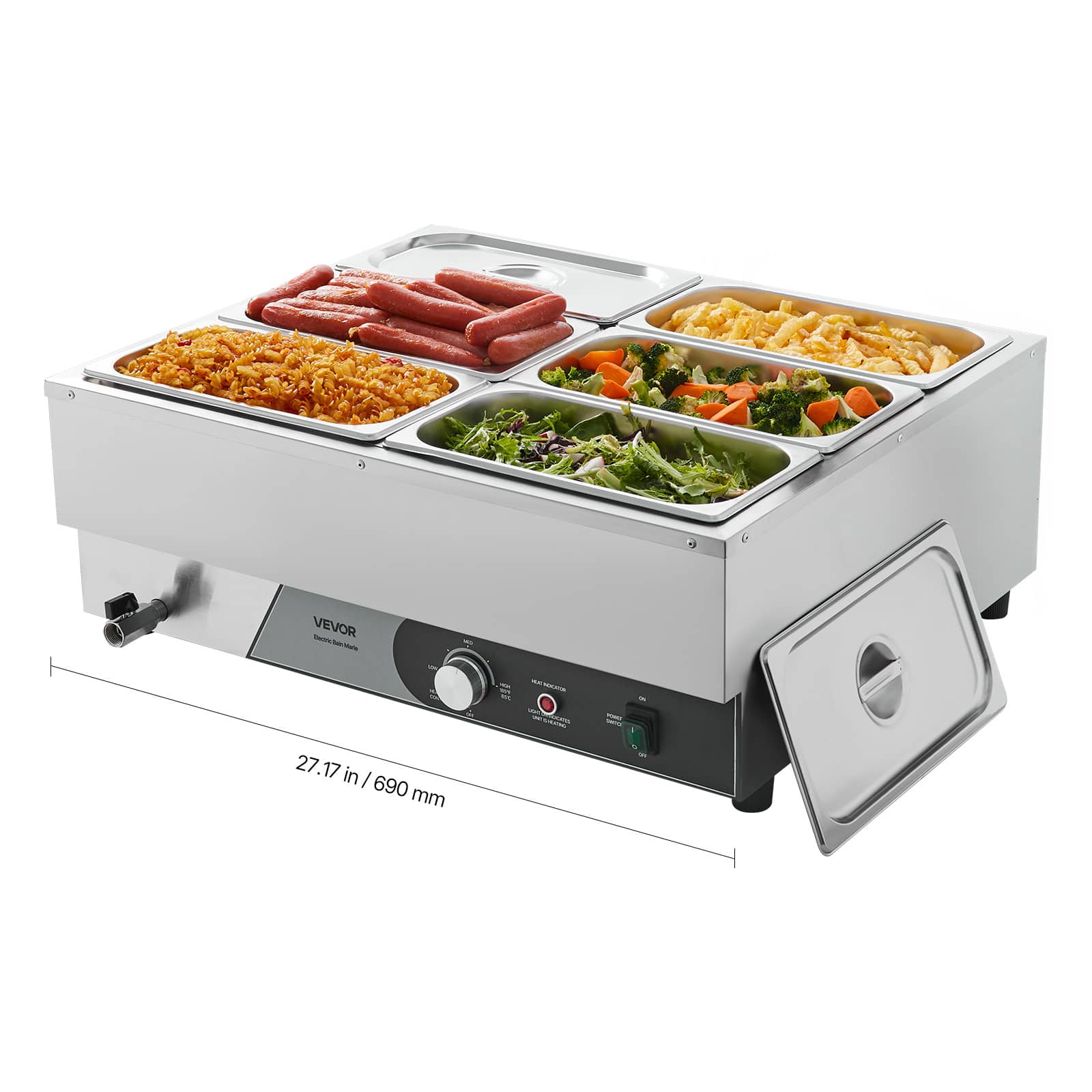 VEVOR - Commercial Food Warmer, 1500W Electric Stainless Steel Steam Food Warming with Lid, Fast Heating Countertop Buffet Bain - Silver
