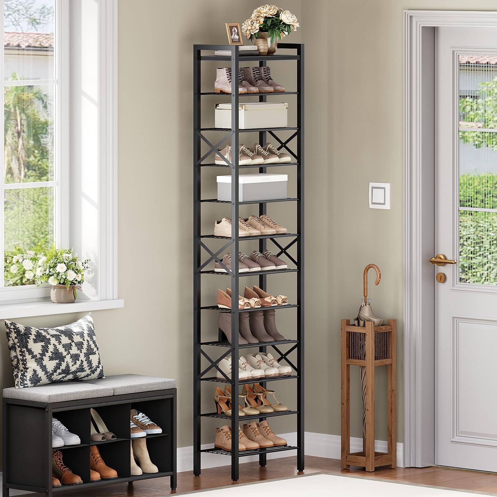 Alt View 3. Reds Spade - 12 Tier Narrow Shoe Rack Tall Shoe Rack 12 24 Pairs Slim Shoe Storage Organizer Top Space Saving - Rustic Brown + Black 16.5" x 10.4" x 67".