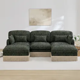 Anysun - 100" Chenille Leopard U-Shaped Sofa, Tassel Edge, 2 Movable Ottomans, Ergonomic Design, Easy Assembly, Deep Seat - Black