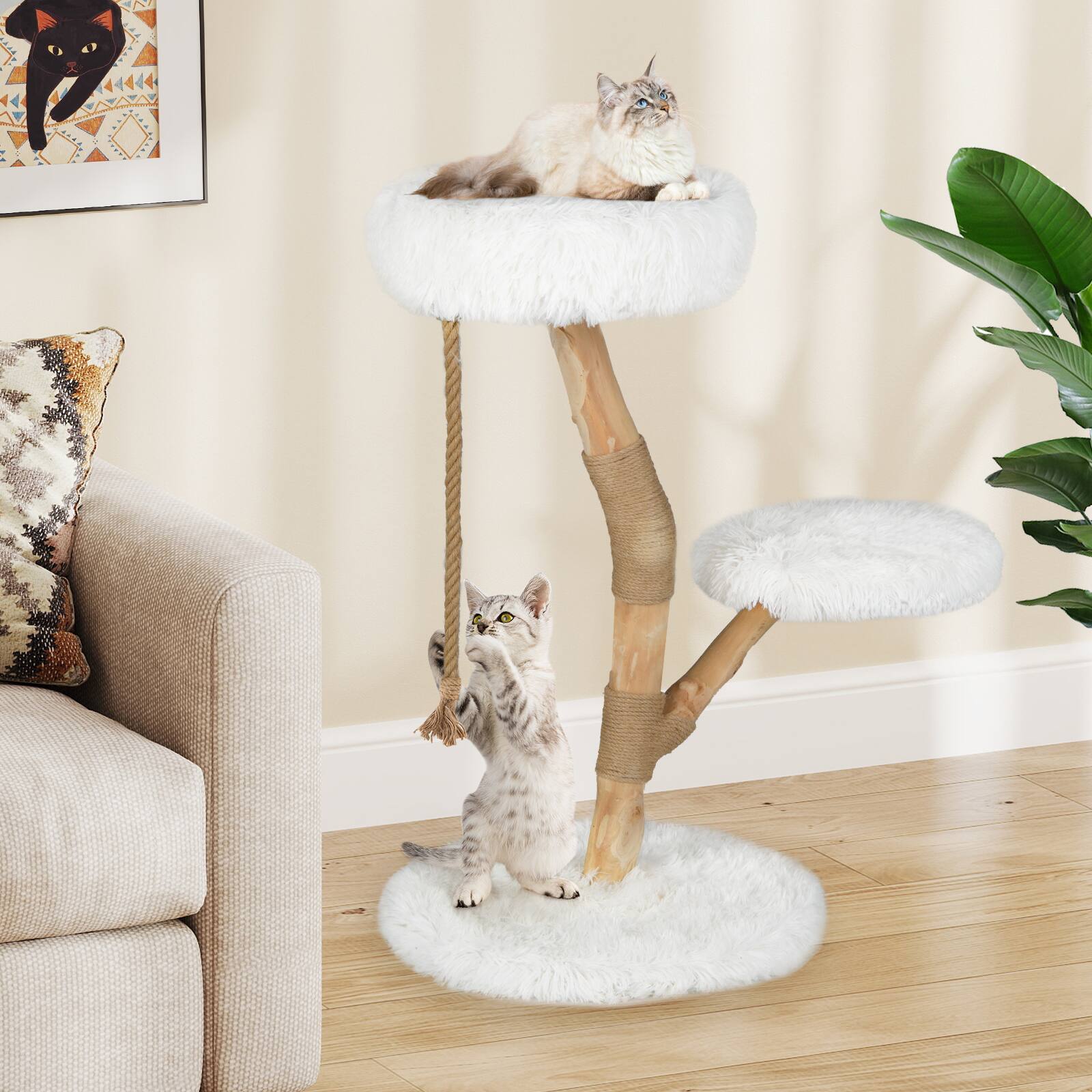Alt View 3. Gymax - Gymax Cat Tree Tower w/PerchNatural Jute Scratching PostsJute RopeSoft Long Plus White - White.