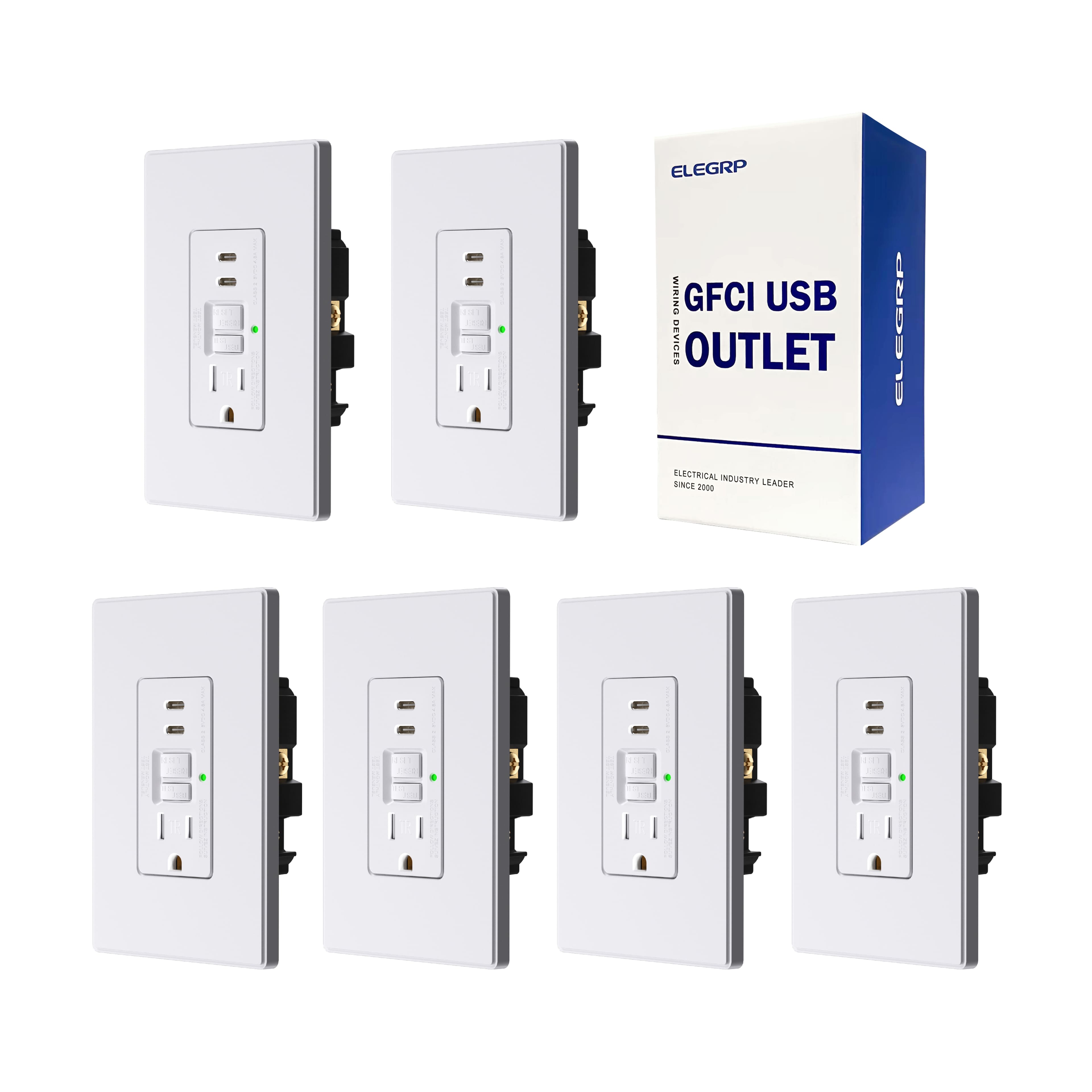 ELEGRP - 15A GFCI Outlet & USB Charger 24W Receptacle, 2-Type C,TR, w/Screwless Wall Plate, UL & CUL Listed, Black, 6 PC - White
