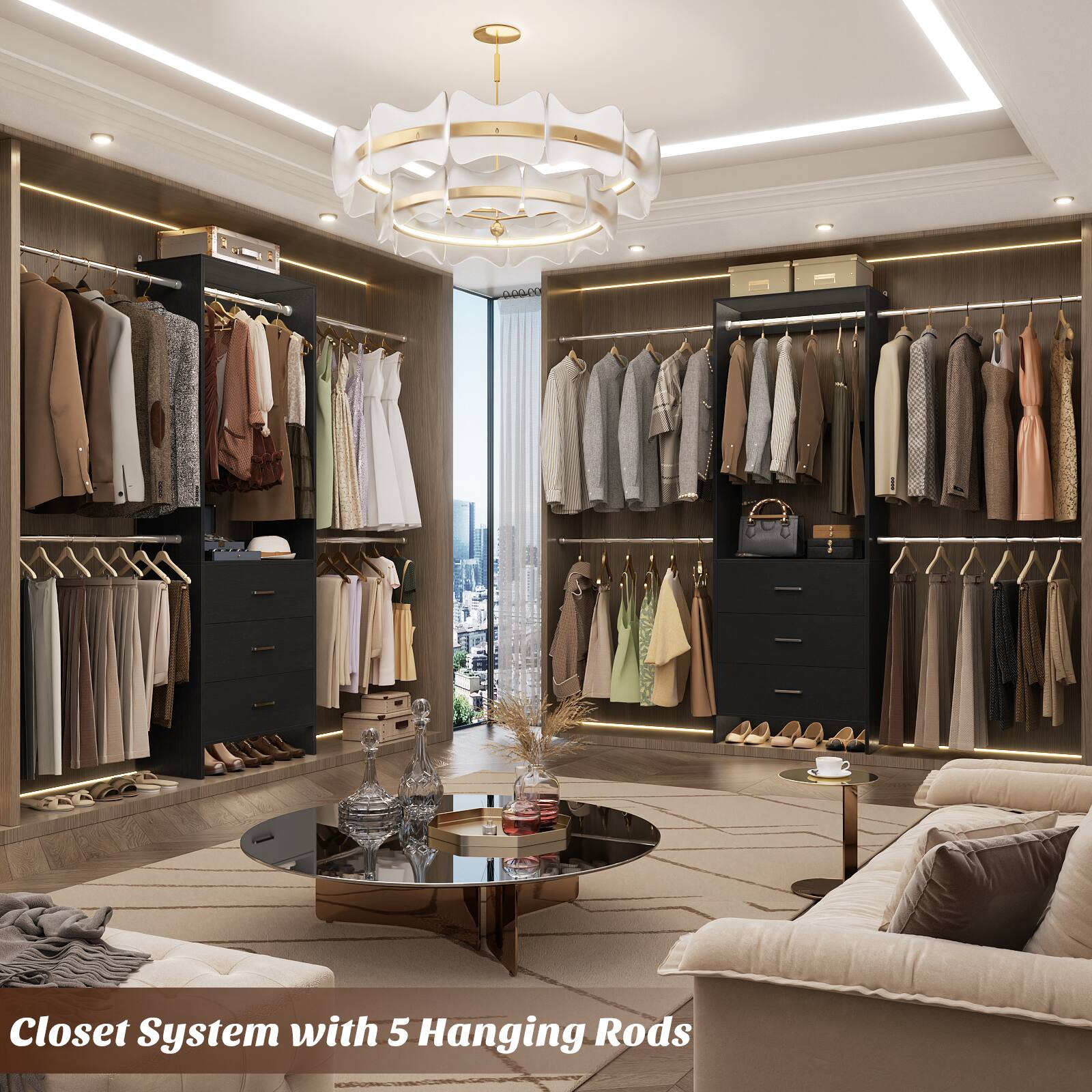 Closet System with 5 Hanging Rods
