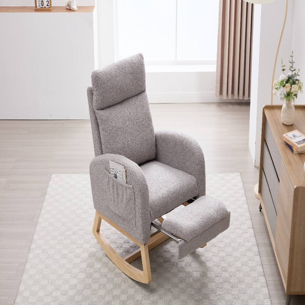 Alt View 10. Loheer - Loheer Light Gray Teddy Fabric Nursery Rocking Chair with Adjustable Footstool and Solid Wood Base - Light Gray.