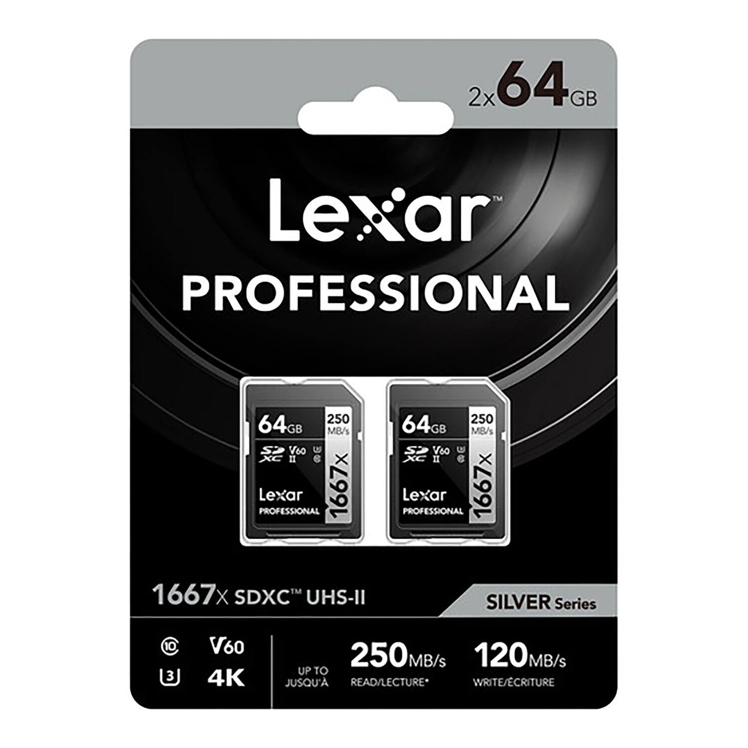 2x 64GB Lexar PROFESSIONAL 1667x SDXC UHS-II SILVER Series  
250MB/s READ / 120MB/s WRITE  
V60 4K