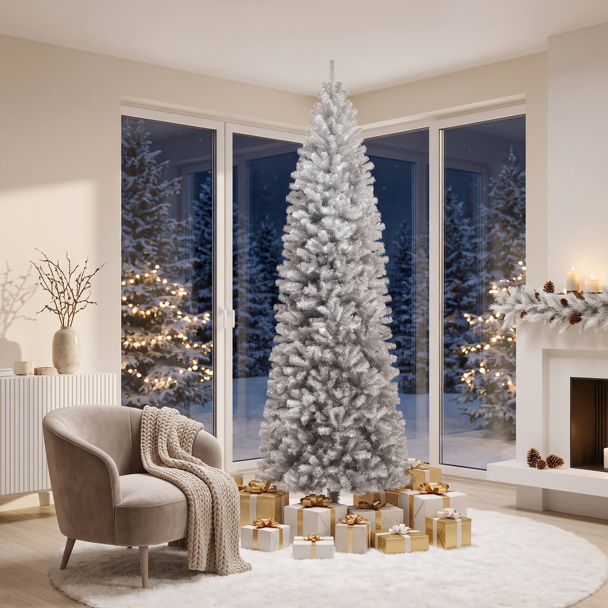 Alt View 10. Glitzhome - 9ft Pencil Tinsel Artificial Christmas Tree - White.