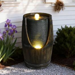 Anysun - Wooden Barrel Style Outdoor Water Fountain with Lights – Resin Rustic Garden Waterfall Decor for Patio, Porch, Yard - Grayish Green